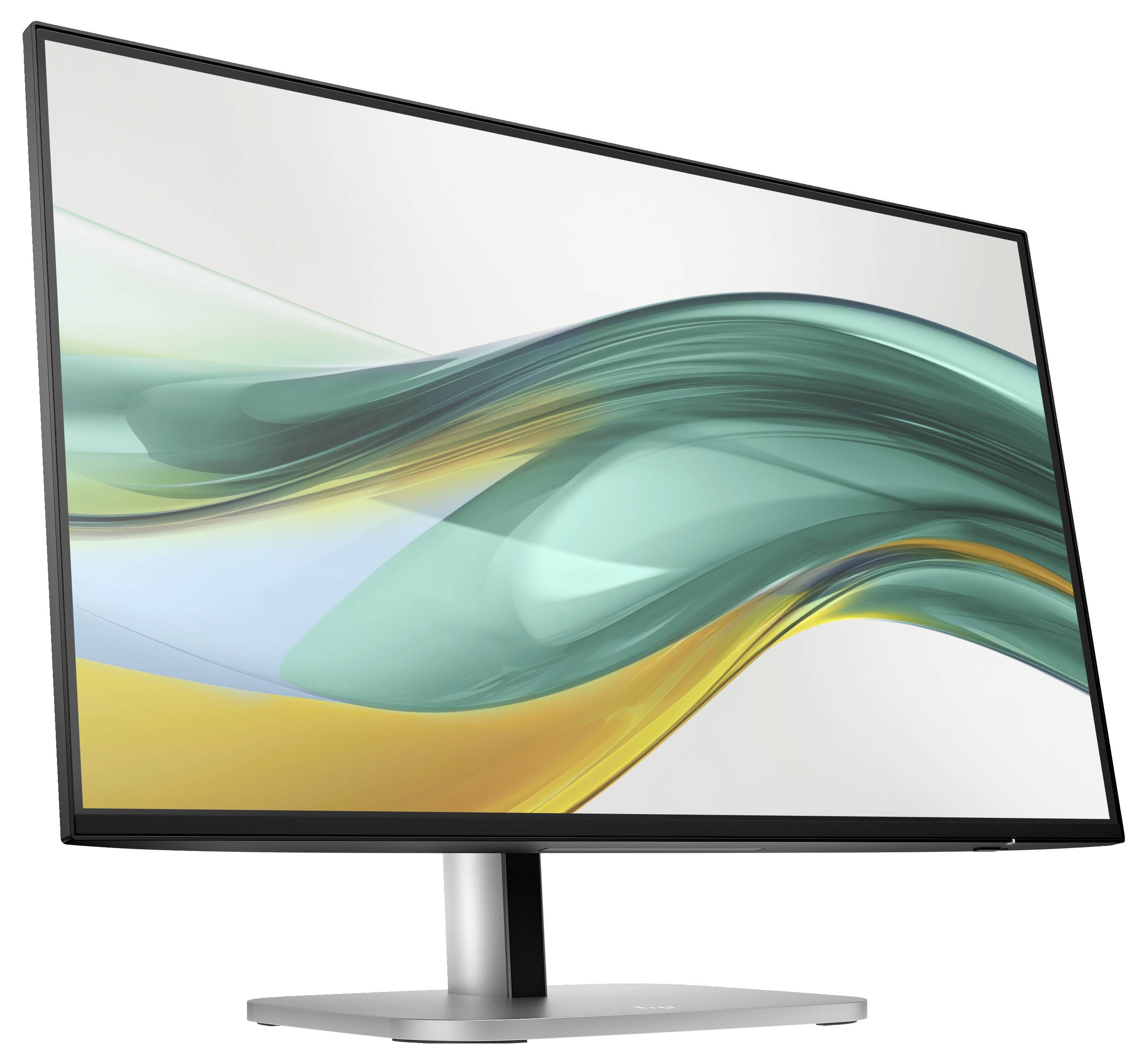 Moderní počítačový monitor s elegantním designem zobrazuje abstraktní, barevný vzor v zelených a žlutých tónech.