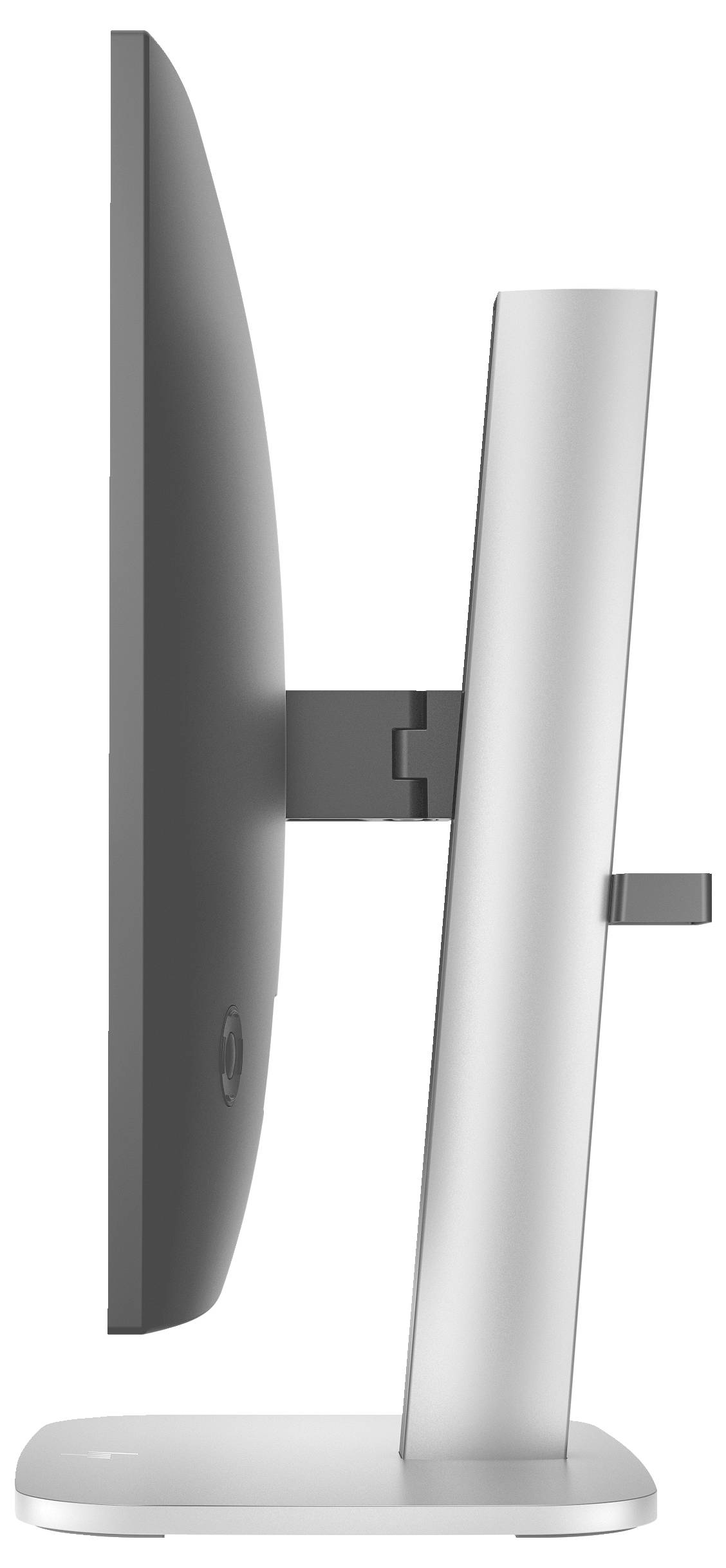 Šedý monitor v bočním pohledu s elegantním designem a stabilní podstavou.