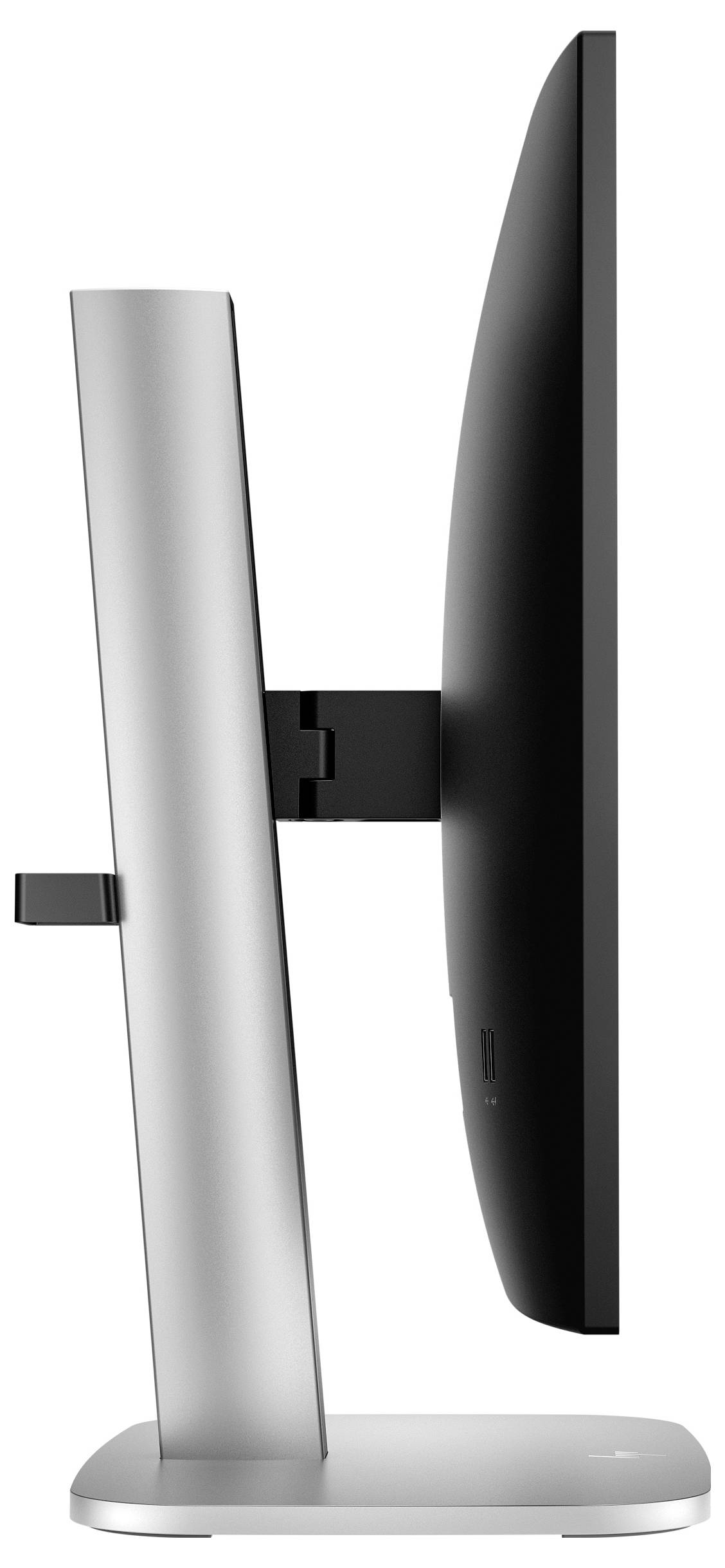 Stříbrný počítačový monitor vysoké třídy s tenkým designem, pohledový z boku s černou obrazovkou.