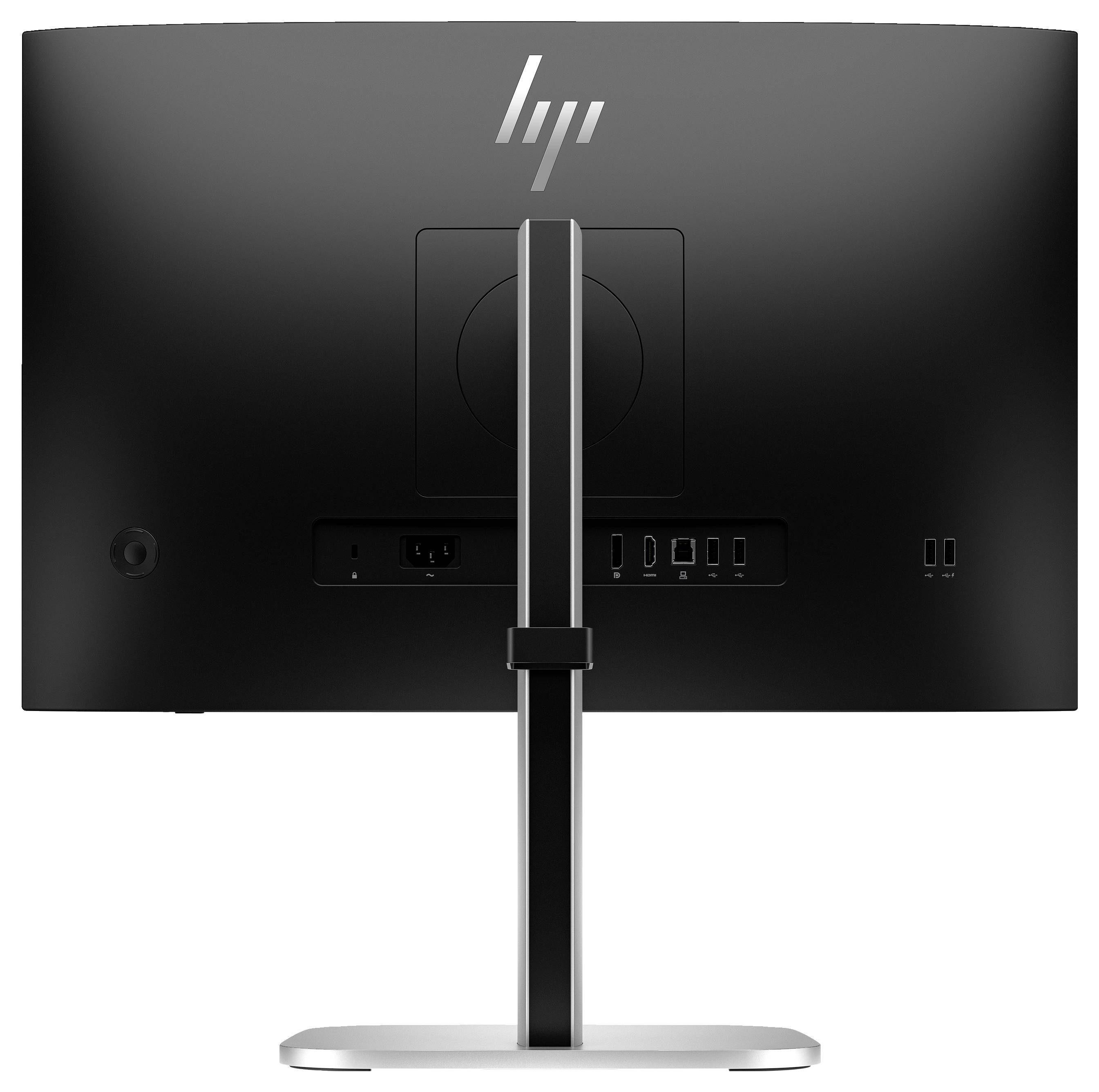 Černý počítačový monitor zezadu, s různými porty jako HDMI a USB, namontovaný na stříbrném podstavci.