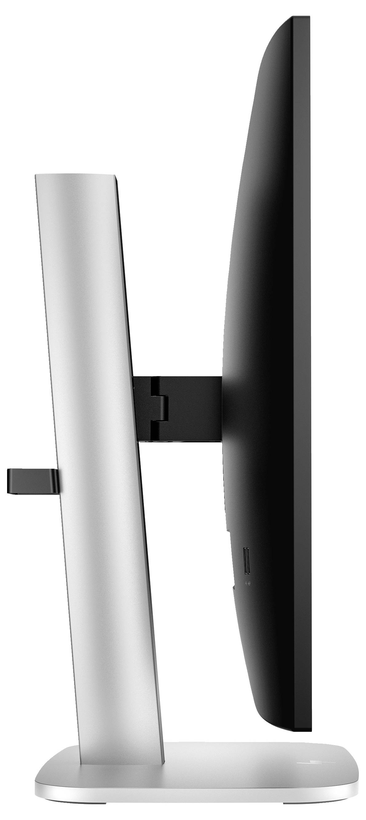 Boční pohled na moderní počítačový monitor s elegantním designem, černým displejem a stříbrným stojanem.