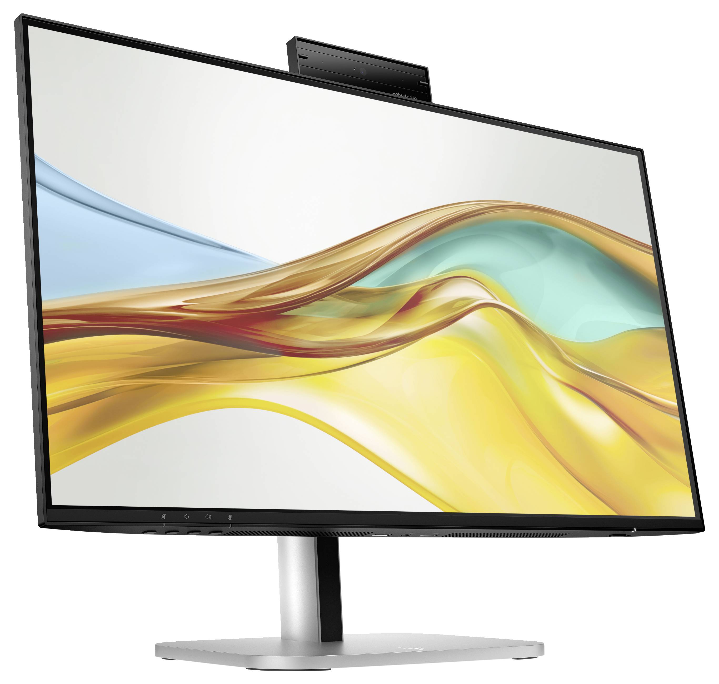 Moderní počítačový monitor s elegantním designem, lehce nakloněný do strany, zobrazuje barevný abstraktní obraz na obrazovce.