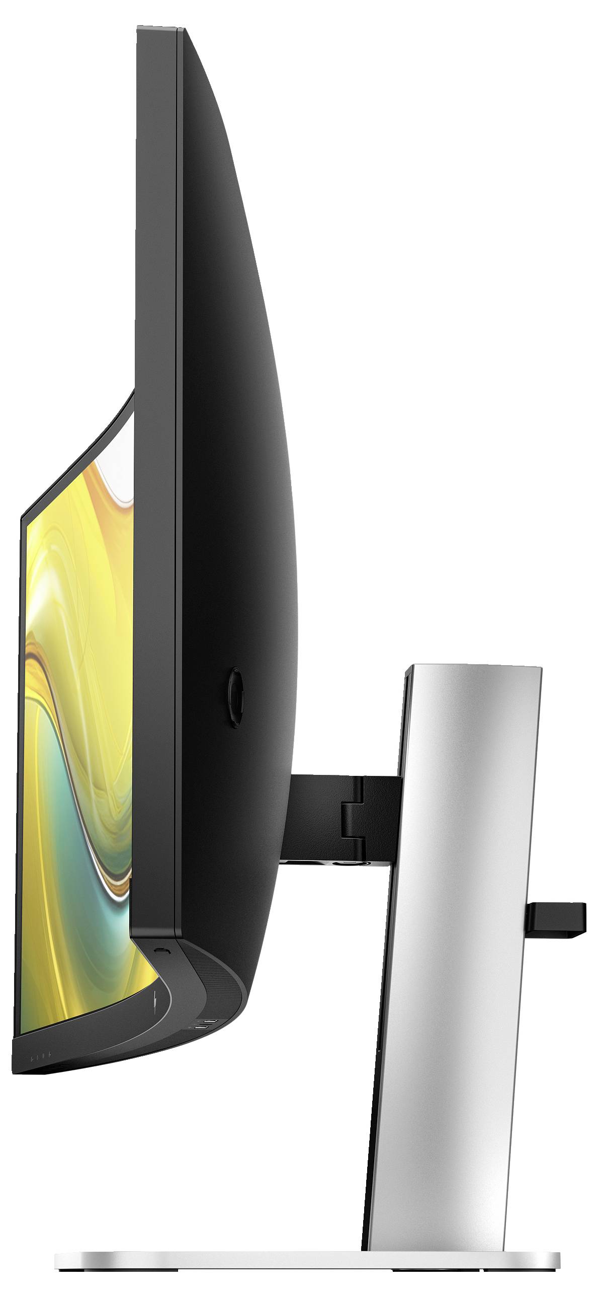 Boční pohled na moderní počítačový monitor umístěný na nastavitelném stříbrném stojanu. Monitor zobrazuje abstraktní barevný design.