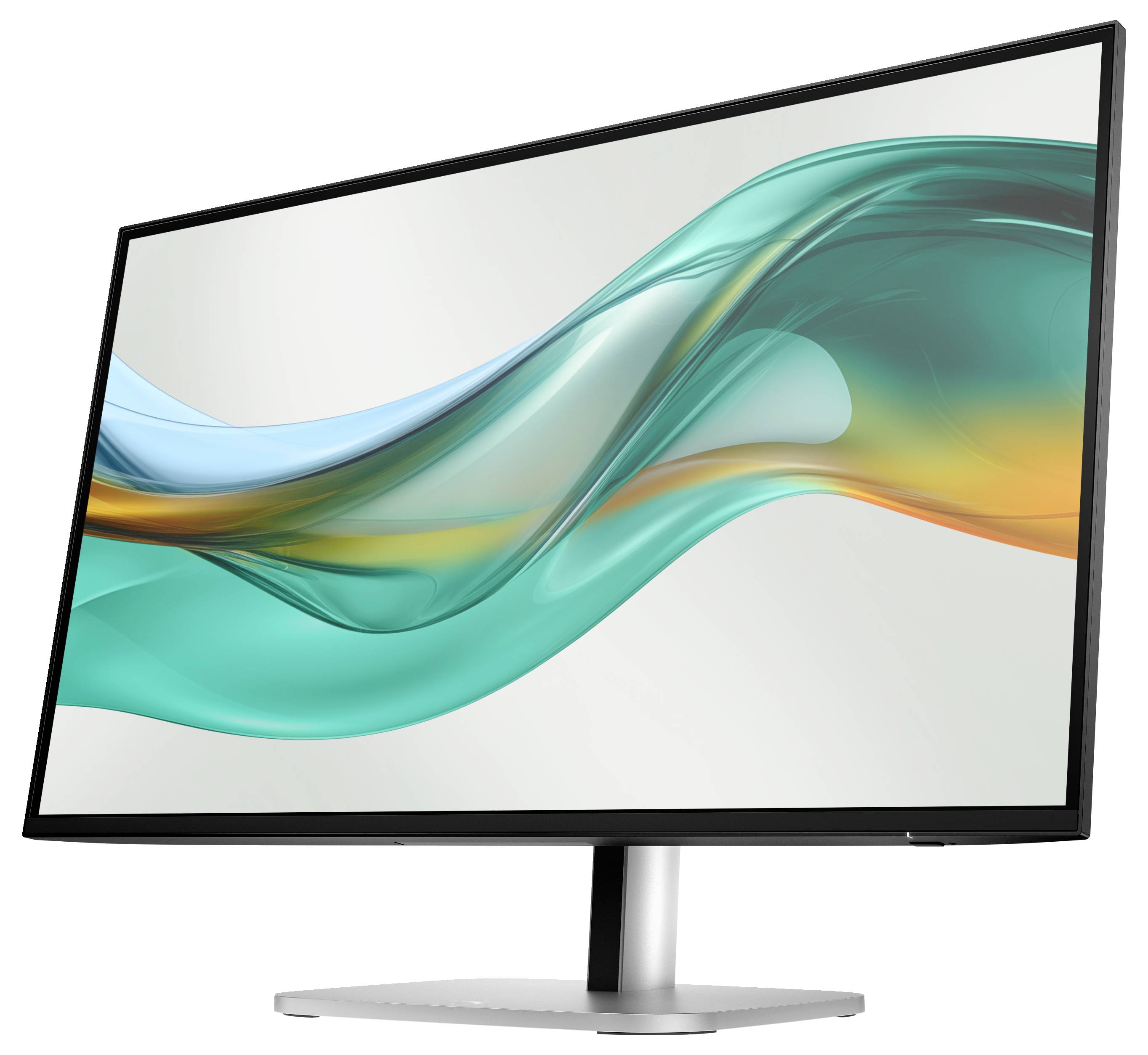 Moderní počítačový monitor s elegantním designem zobrazuje kreativní vlnité vzory v modrých a zelených tónech na displeji.