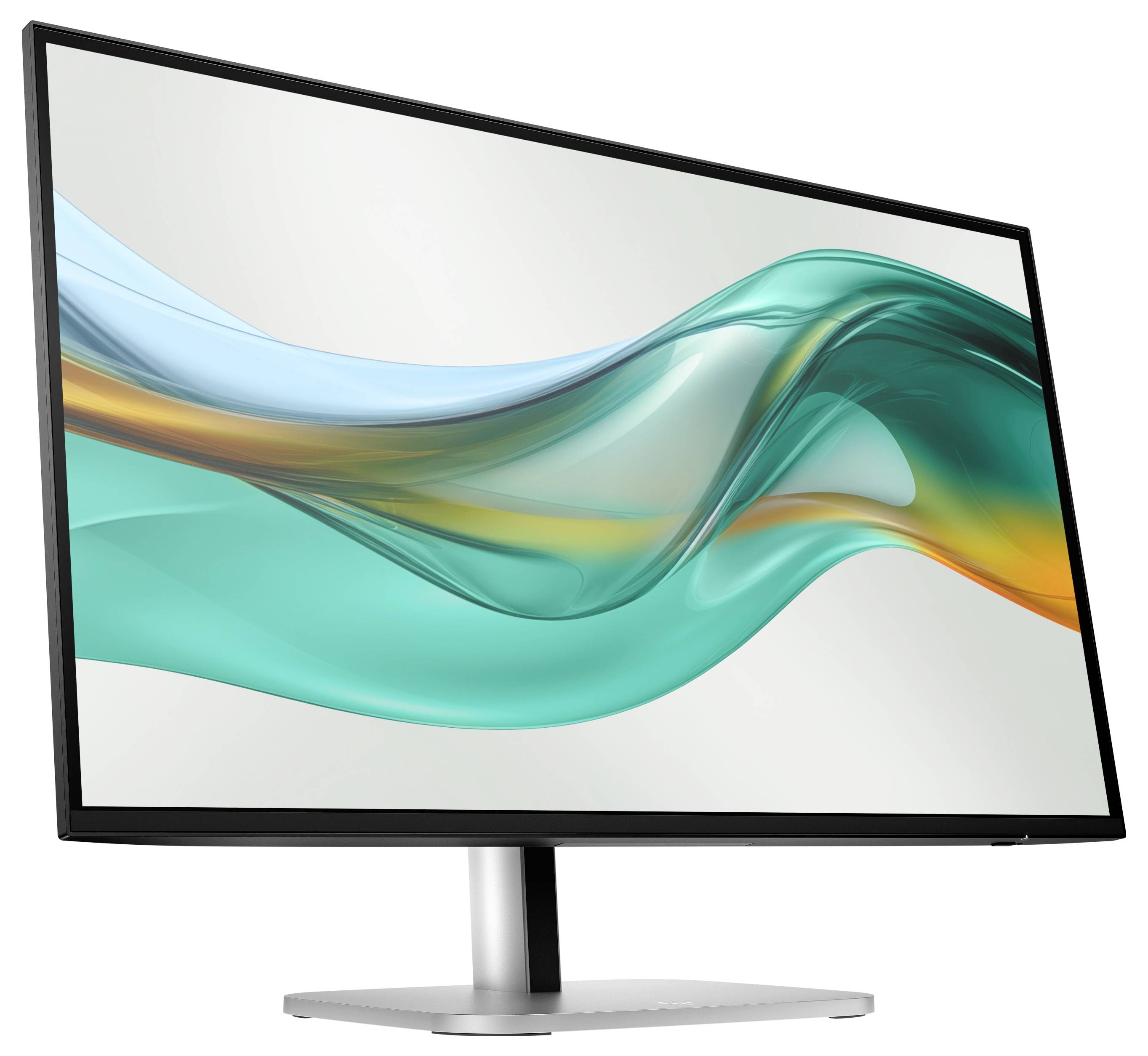 Moderní počítačový monitor zobrazuje zvlněné abstraktní tvary v tyrkysové a oranžové barvě na bílém pozadí, symbolizující technologii.