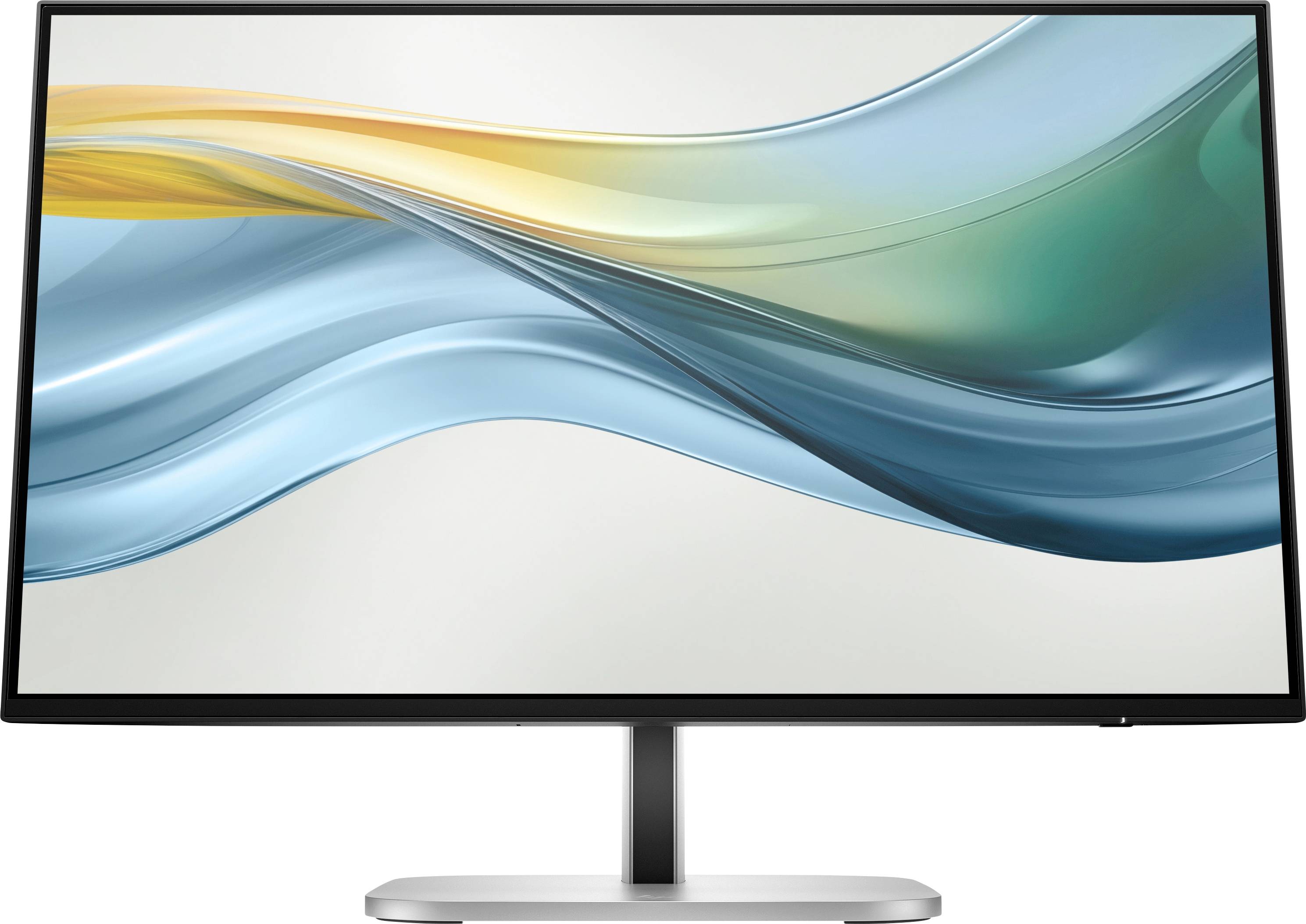 Moderní počítačový monitor s úzkým rámečkem. Displej zobrazuje abstraktní vlnový design v modrých a žlutých tónech.