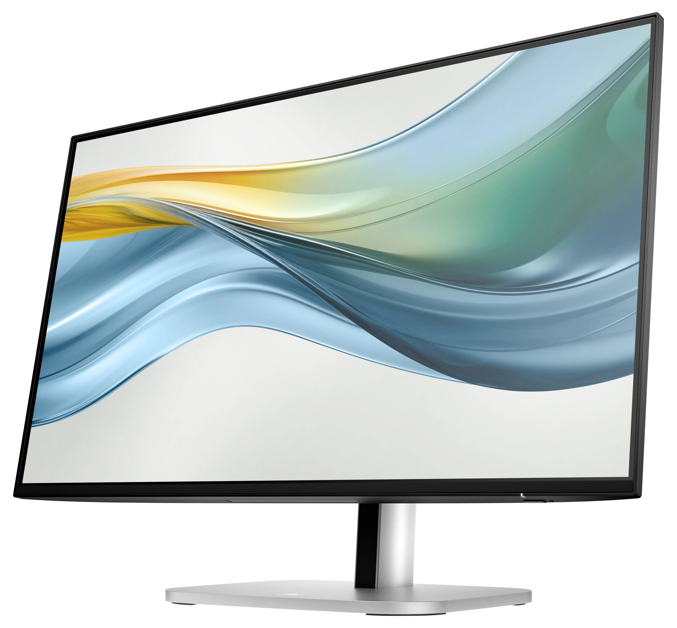 Moderní počítačový monitor zobrazuje abstraktní, zvlněný design v modrých a žlutých tónech na bílém pozadí.