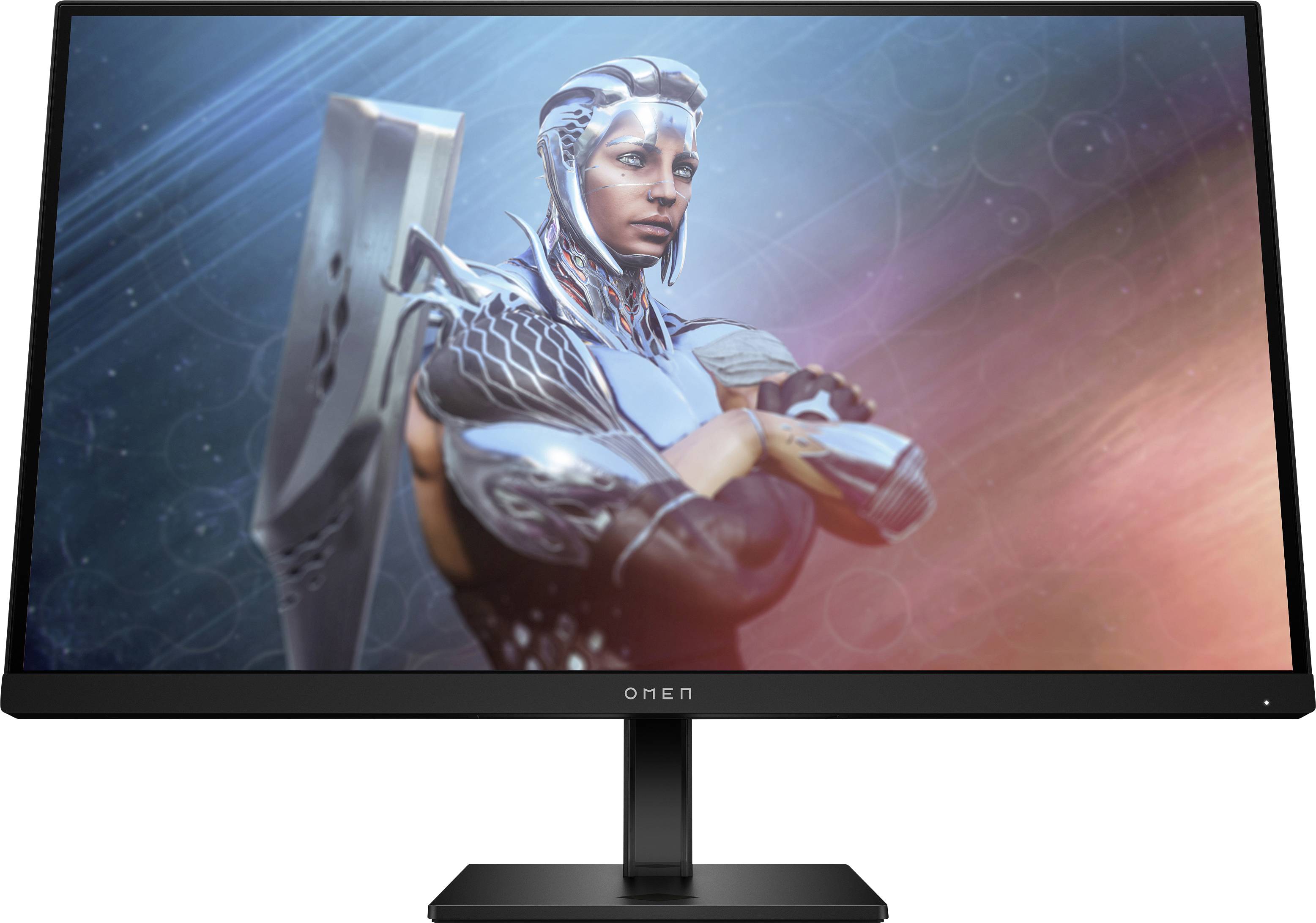 Počítačový monitor zobrazuje futuristickou postavu v brnění, která vypadá odhodlaně. Barevné, abstraktní pozadí dokresluje obraz.