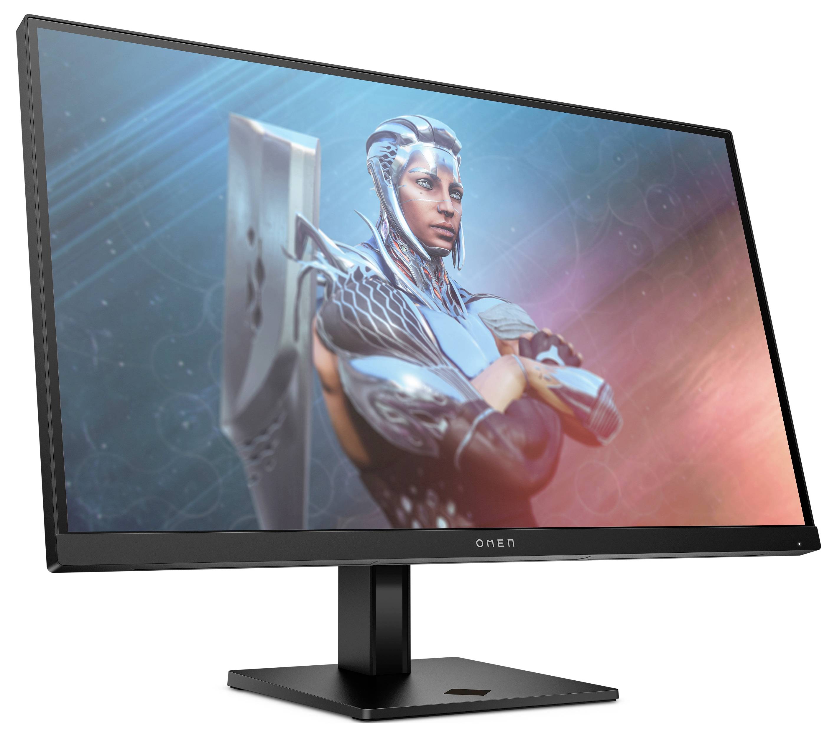 Počítačový monitor zobrazuje futuristickou, pancéřovanou postavu se zkříženýma rukama před zářícím digitálním pozadím.