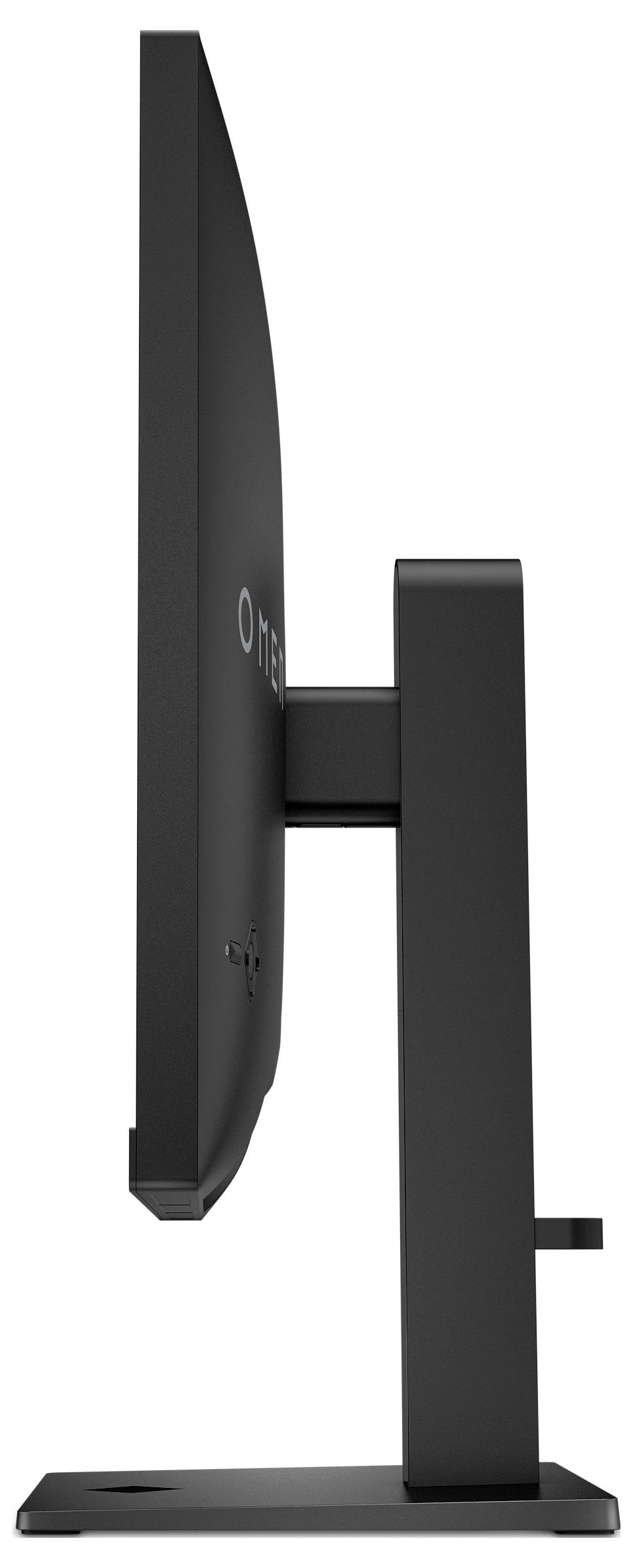 Boční pohled na štíhlý černý počítačový monitor umístěný na obdélníkovém stojanu, design zdůrazňuje tenkou konstrukci.