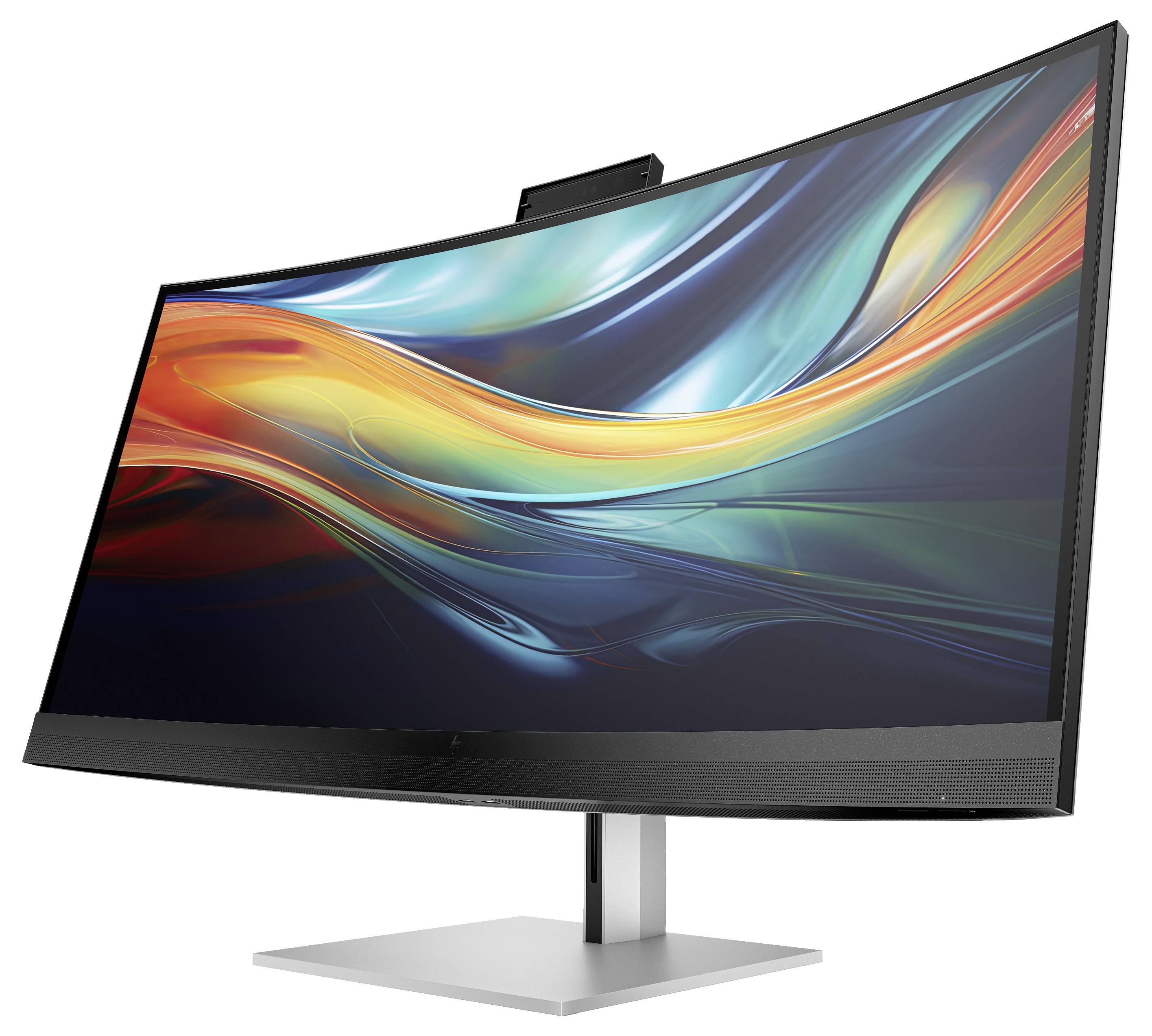 Zakřivený počítačový monitor s živě barevnou obrazovkou, umístěný na moderním stříbrném stojanu.