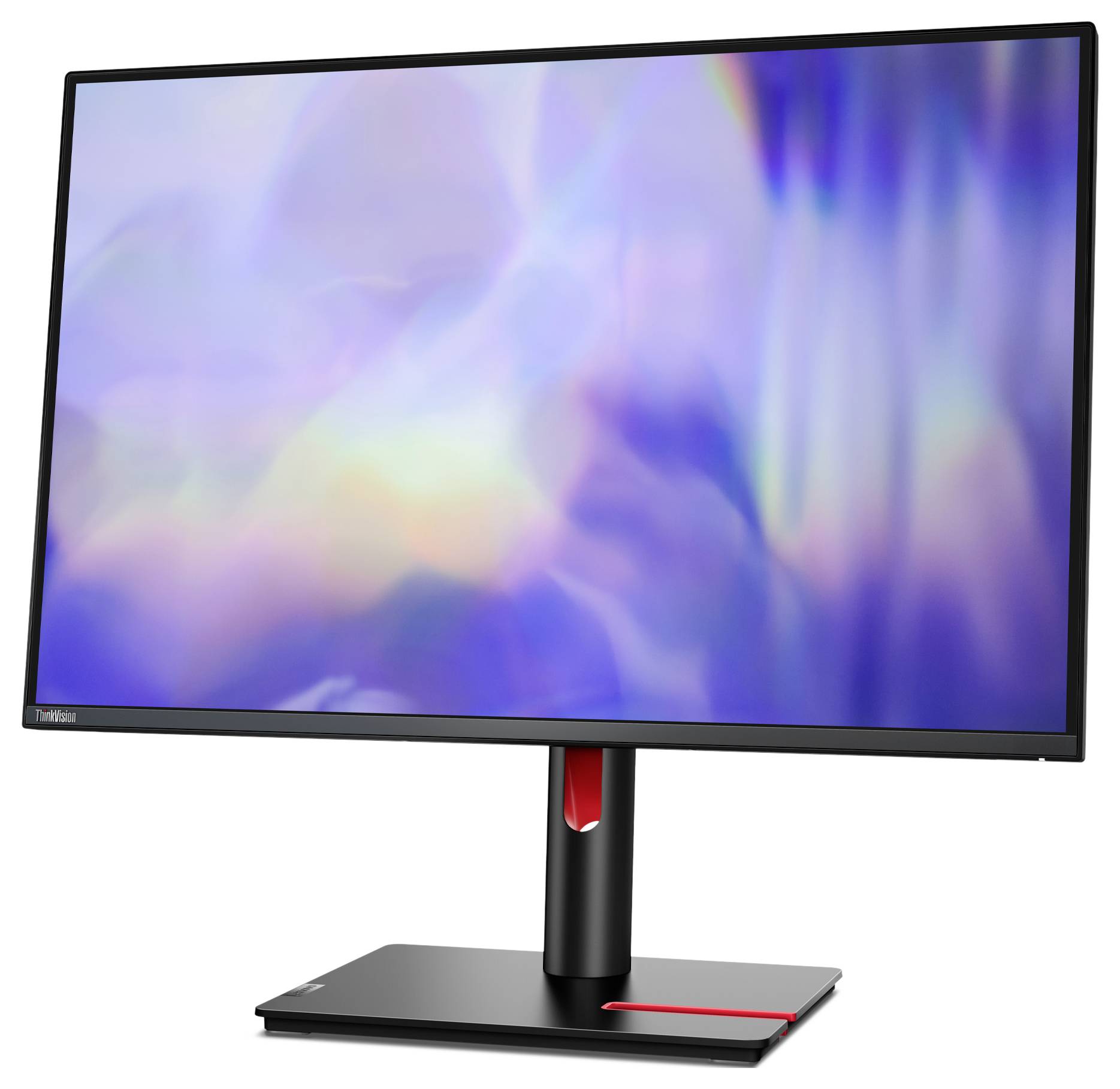 Počítačový monitor s rozmazaným, barevným pozadím na obrazovce. Monitor stojí na obdélníkovém podstavci.