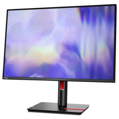 Počítačový monitor s rozmazaným, barevným pozadím na obrazovce. Monitor stojí na obdélníkovém podstavci.