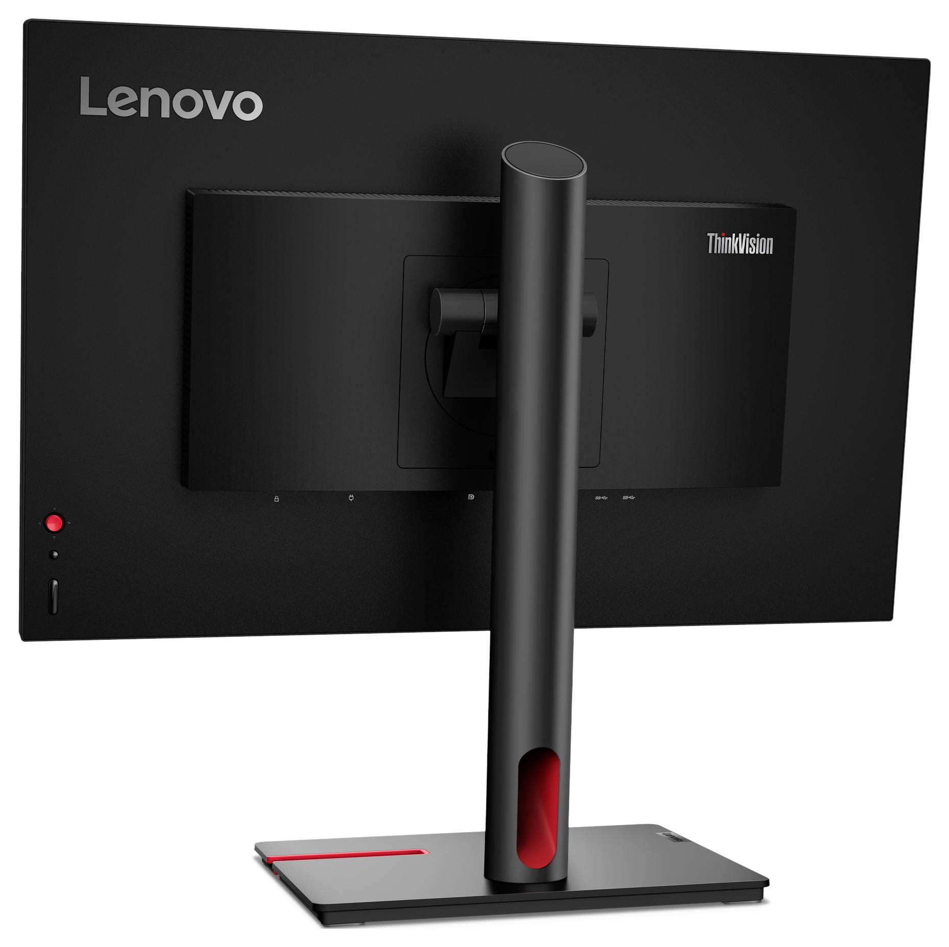 Pohled zezadu na monitor Lenovo ThinkVision. Vlevo nahoře je viditelné logo Lenovo a uprostřed stojan.