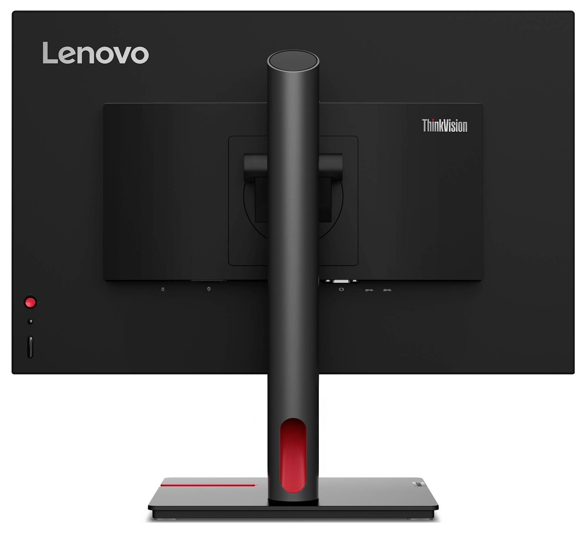 Zadní pohled na monitor Lenovo ThinkVision, který ukazuje štíhlý, moderní design s černým povrchem a červeným akcentem na podstavci.