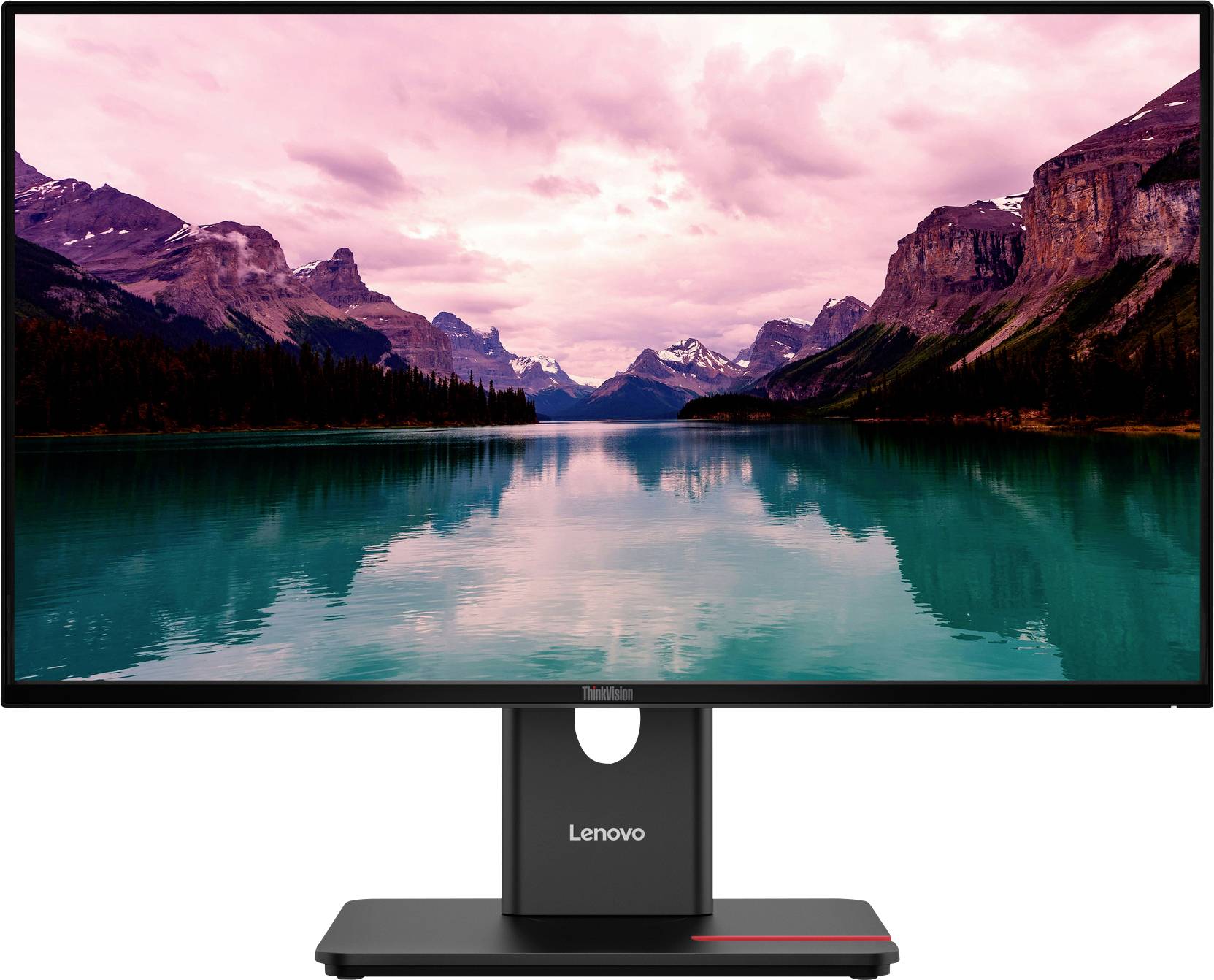 Počítačový monitor zobrazuje malebnou krajinu s růžovým nebem, horami a klidným, zrcadlícím se jezerem.