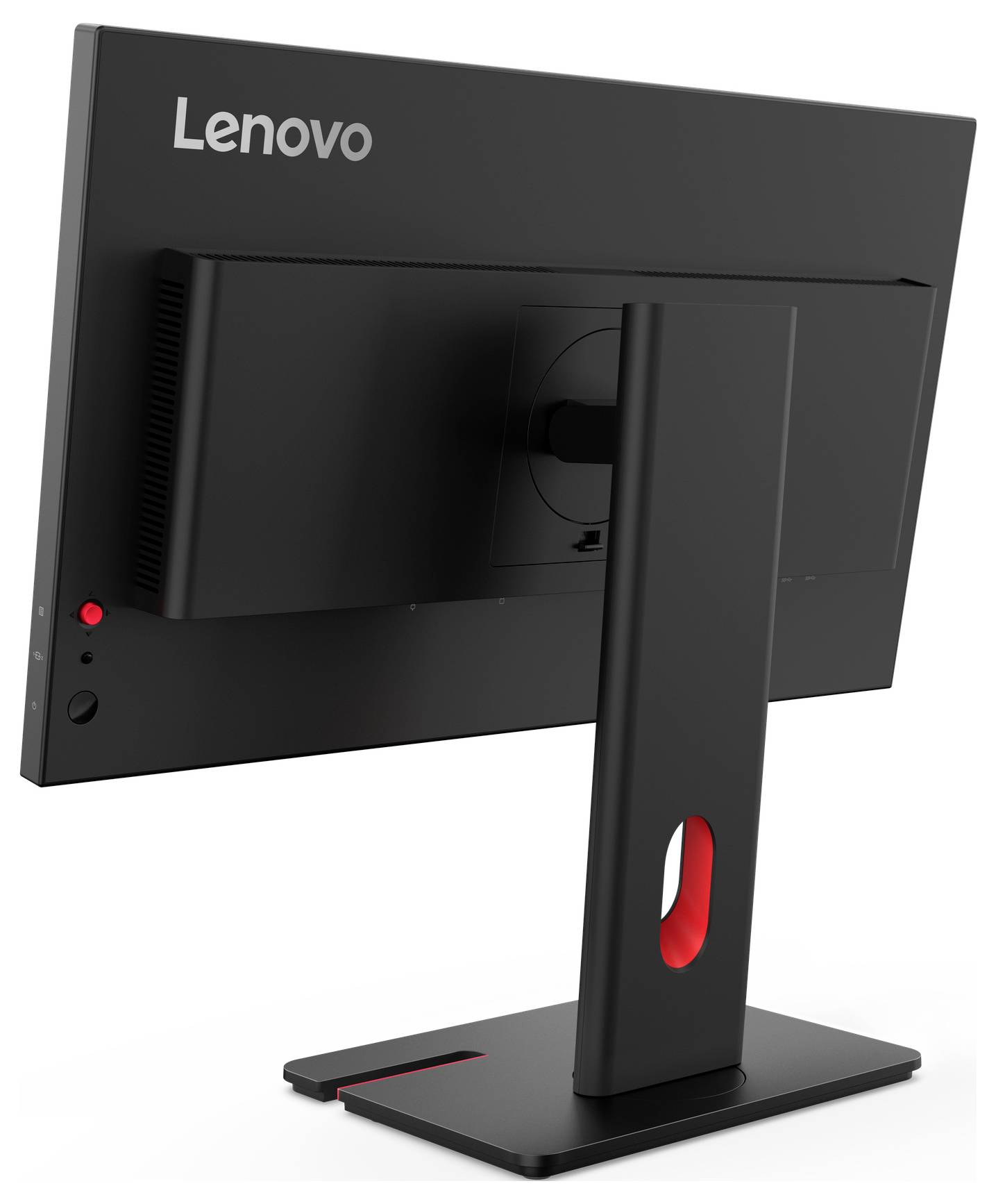 Černý monitor Lenovo pohledem zezadu, umístěný na nastavitelném stojanu s červeným akcentem, který působí elegantně a moderně.