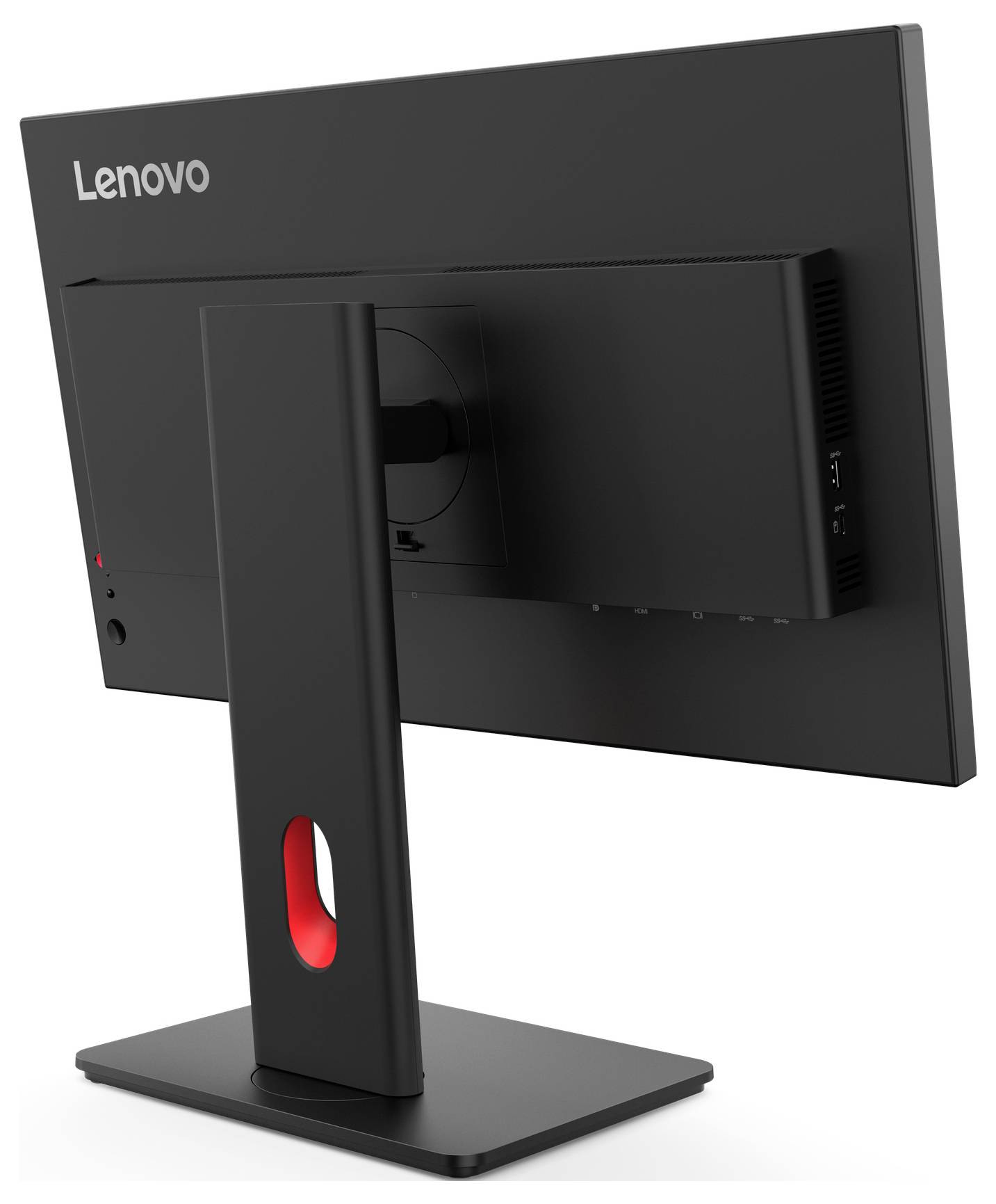 Černý monitor Lenovo pohledem zezadu, s pevnou podstavou a červeným akcentem, stojí na ploché základně.