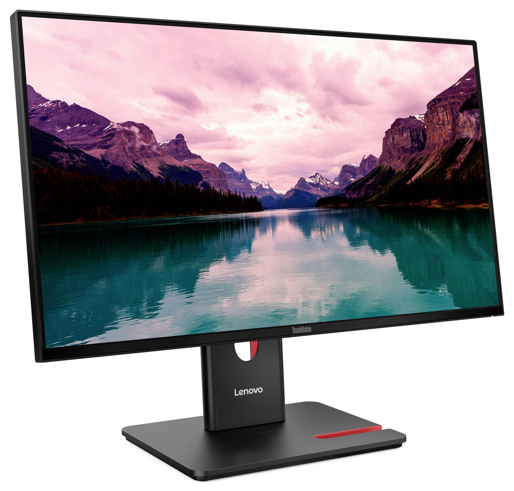 Počítačový monitor Lenovo zobrazuje krajinu s jezerem a horami pod růžovým nebem.
