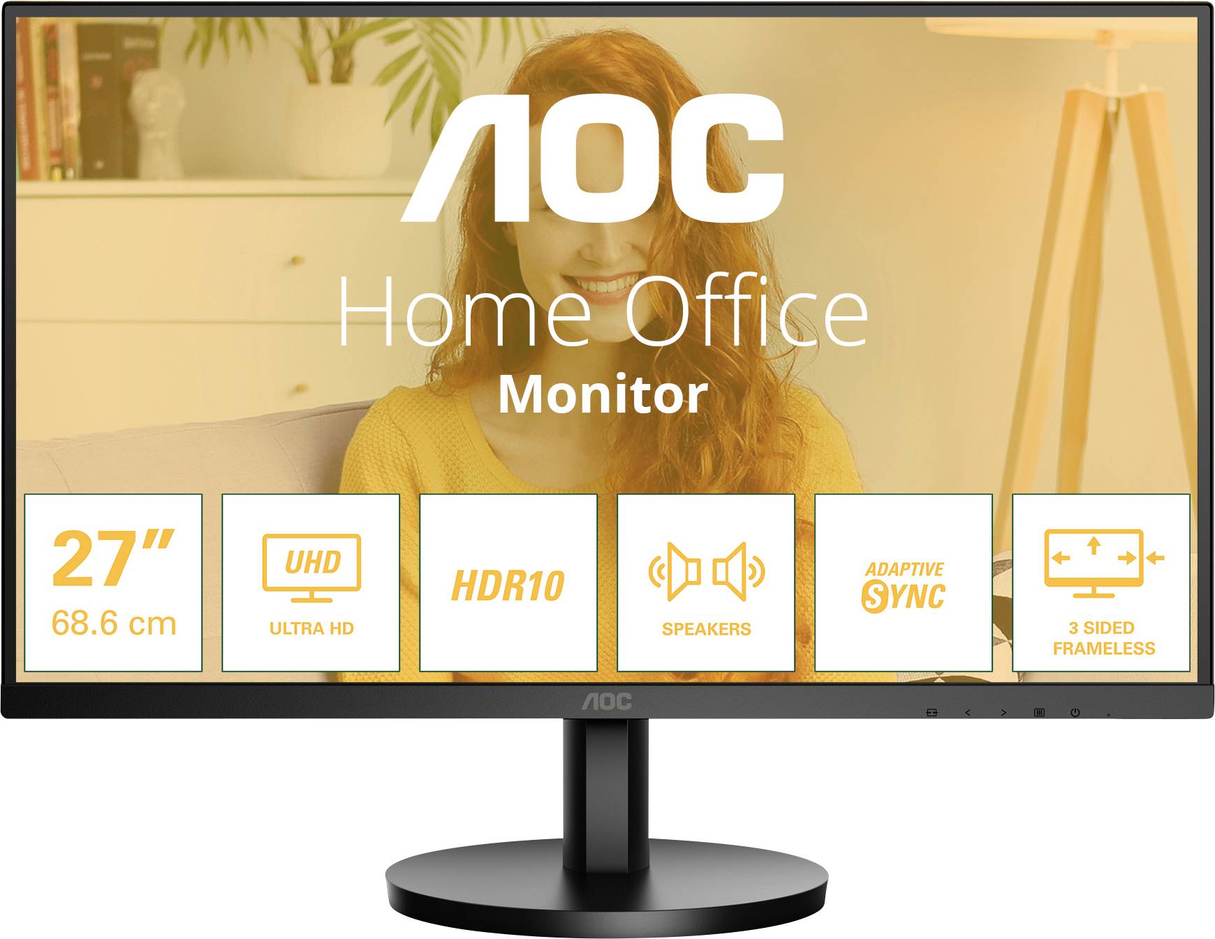 Počítačový monitor AOC Home Office Monitor, 27 palců, UHD, HDR10, reproduktory, Adaptive Sync, bez rámečku.