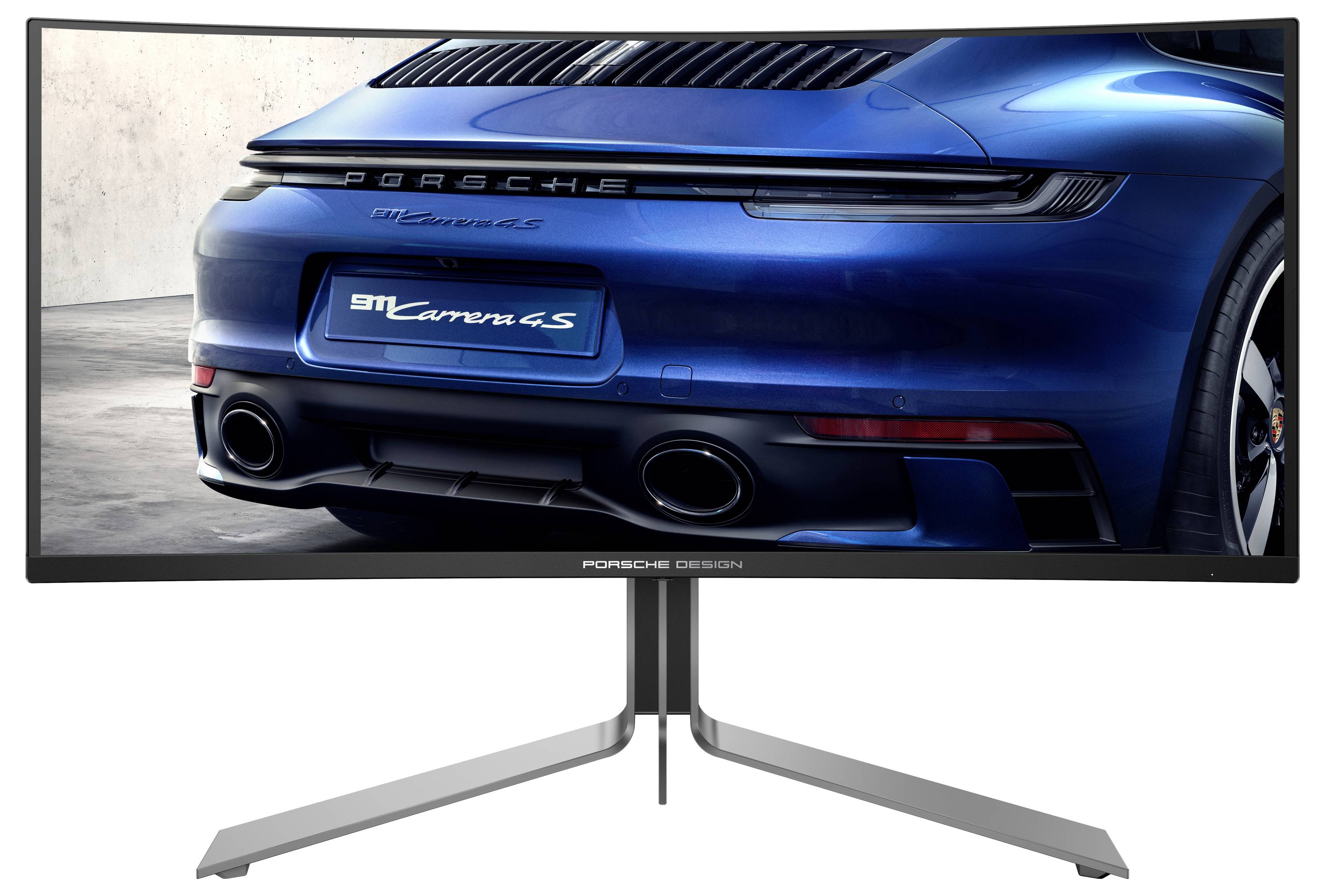 Modrý sportovní vůz s nápisem '911 Carrera GTS' na registrační značce, zobrazený na zakřiveném obrazovce.