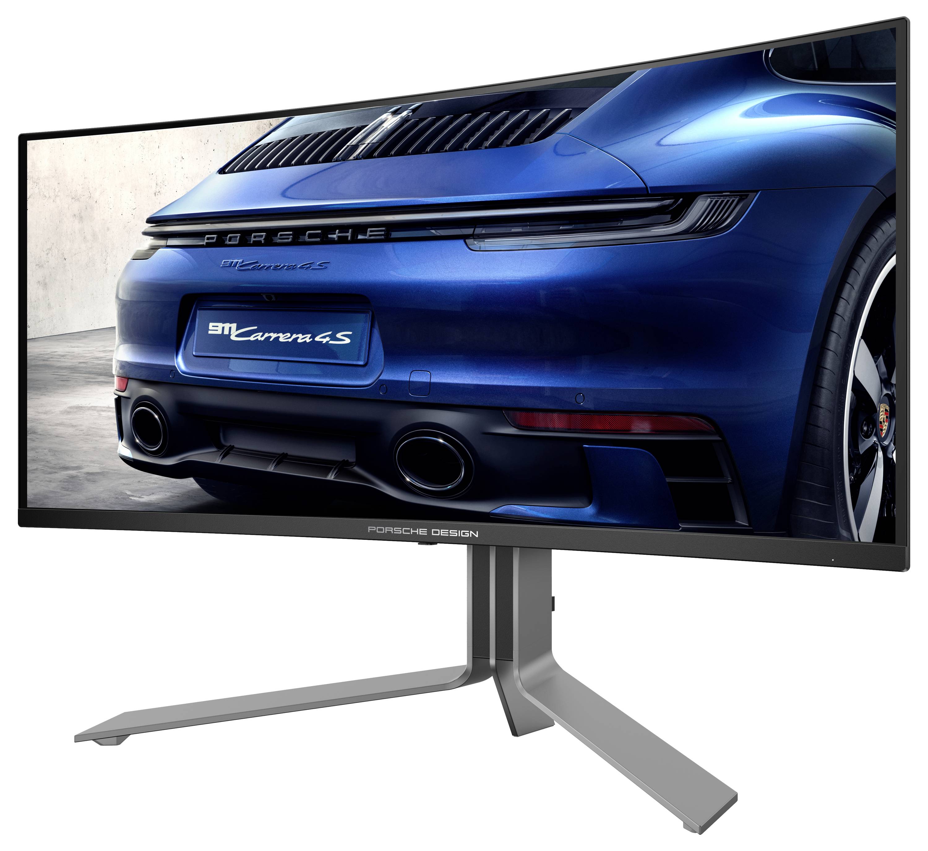 Zakřivený displej zobrazuje zadní část modrého sportovního vozu s registrační značkou '911 Carrera 4S'.