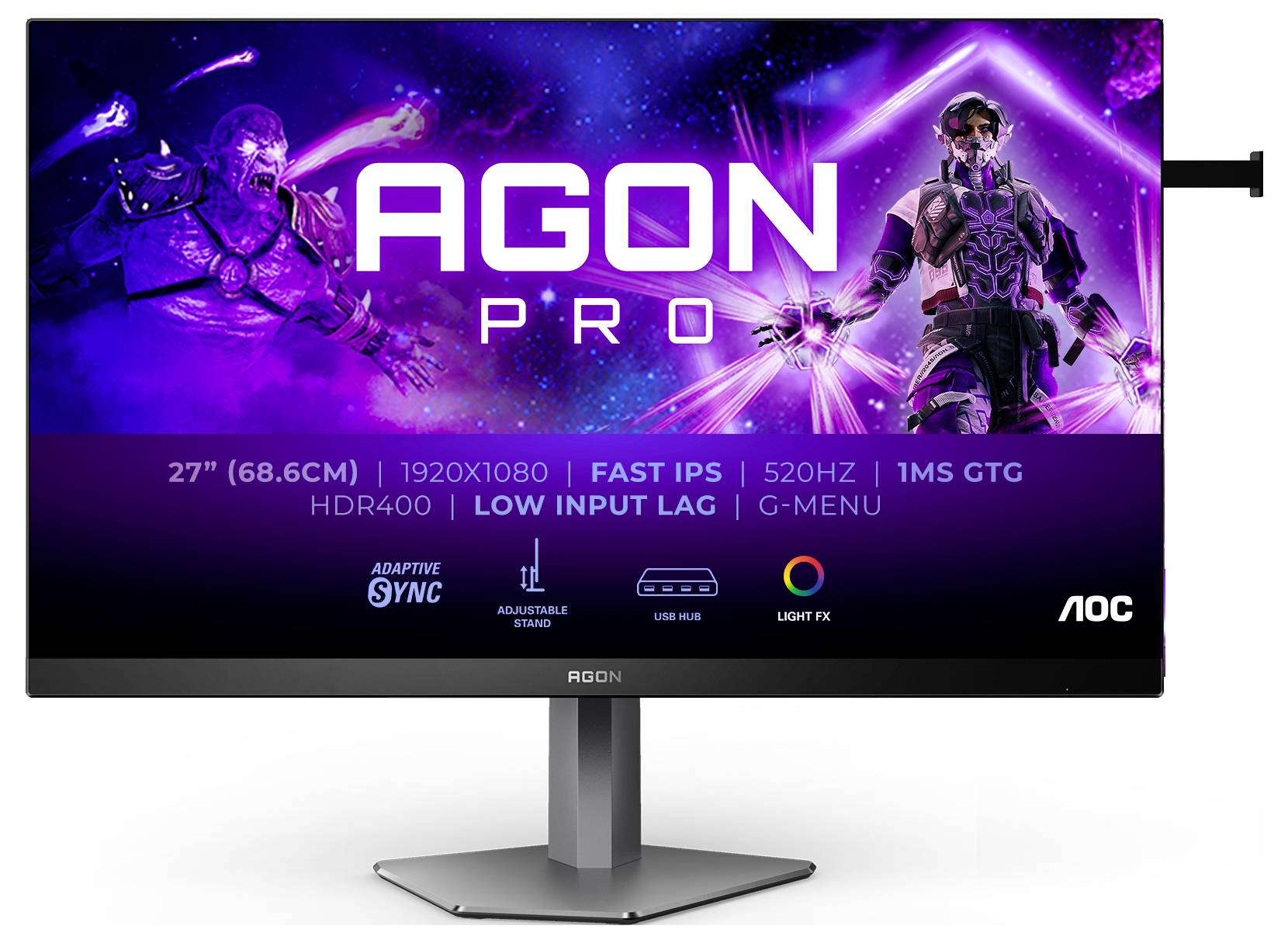 Obraz monitoru AOC AGON PRO s úhlopříčkou 27 palců (68,6 cm), rozlišením 1920x1080, rychlým IPS panelem, HDR400 a adaptivní synchronizací.