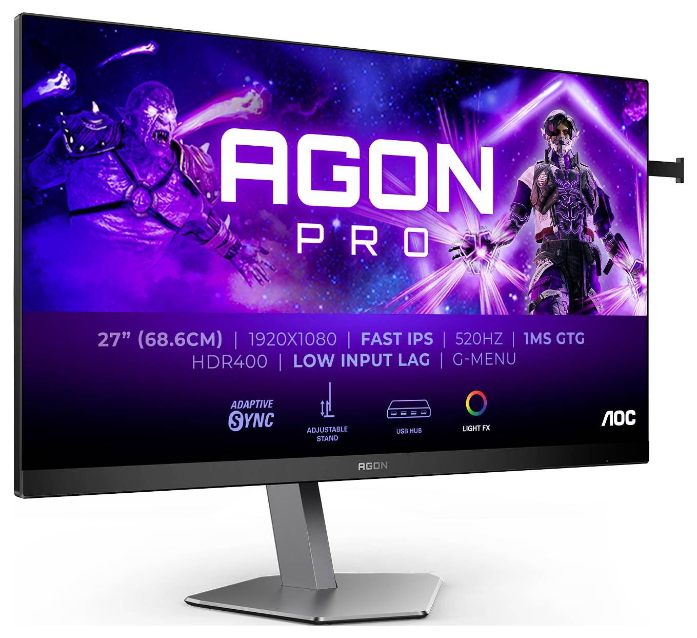 Monitor 'AGON PRO' od AOC. 27 palců (68,6 cm) s rozlišením 1920x1080, 520 Hz, dobou odezvy 1 ms, HDR400. Obsahuje adaptivní synchronizaci a Light FX.