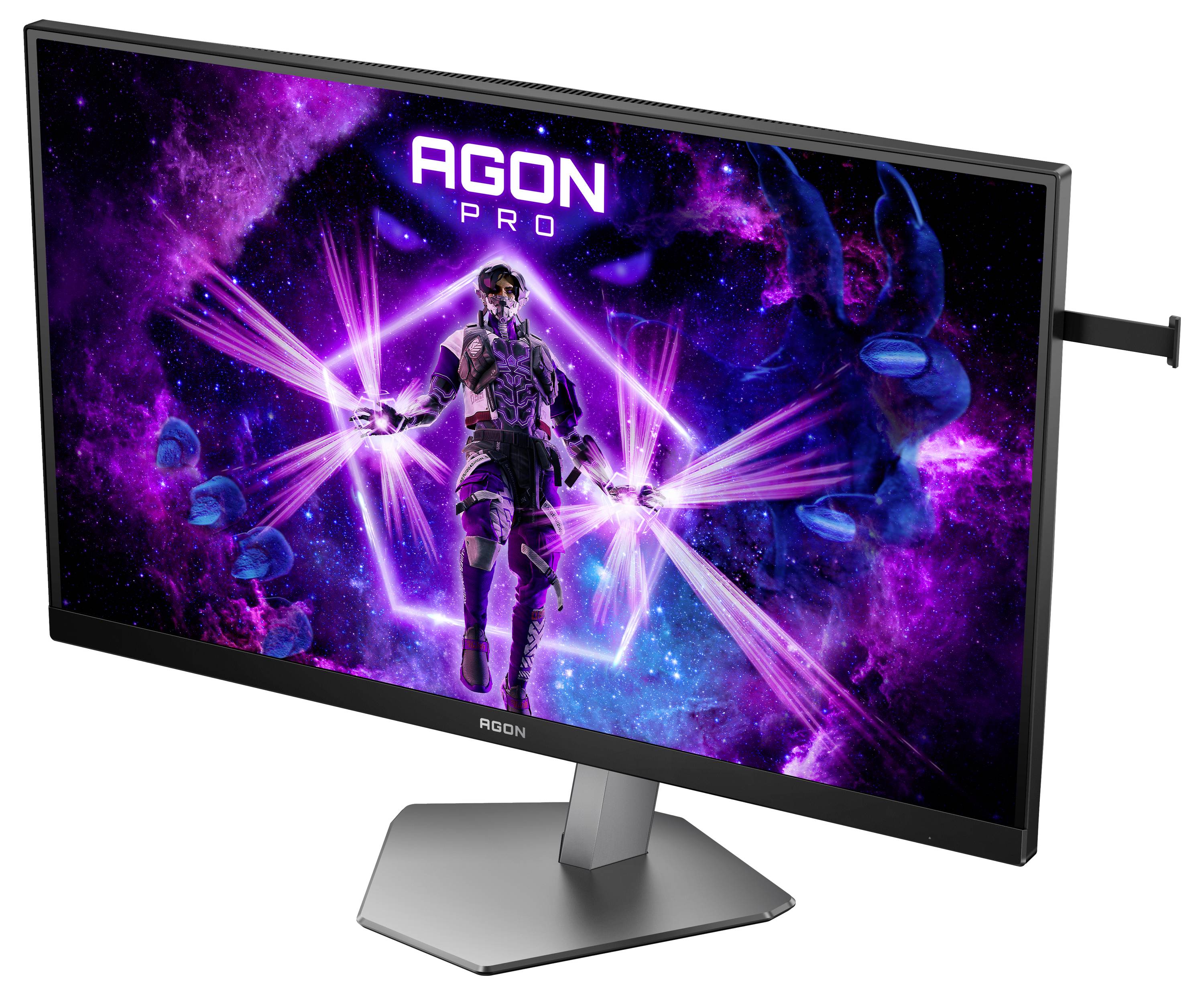 Monitor s živým sci-fi pozadím obrazovky, zobrazující postavu v futuristickém brnění s textem 'AGON PRO'.