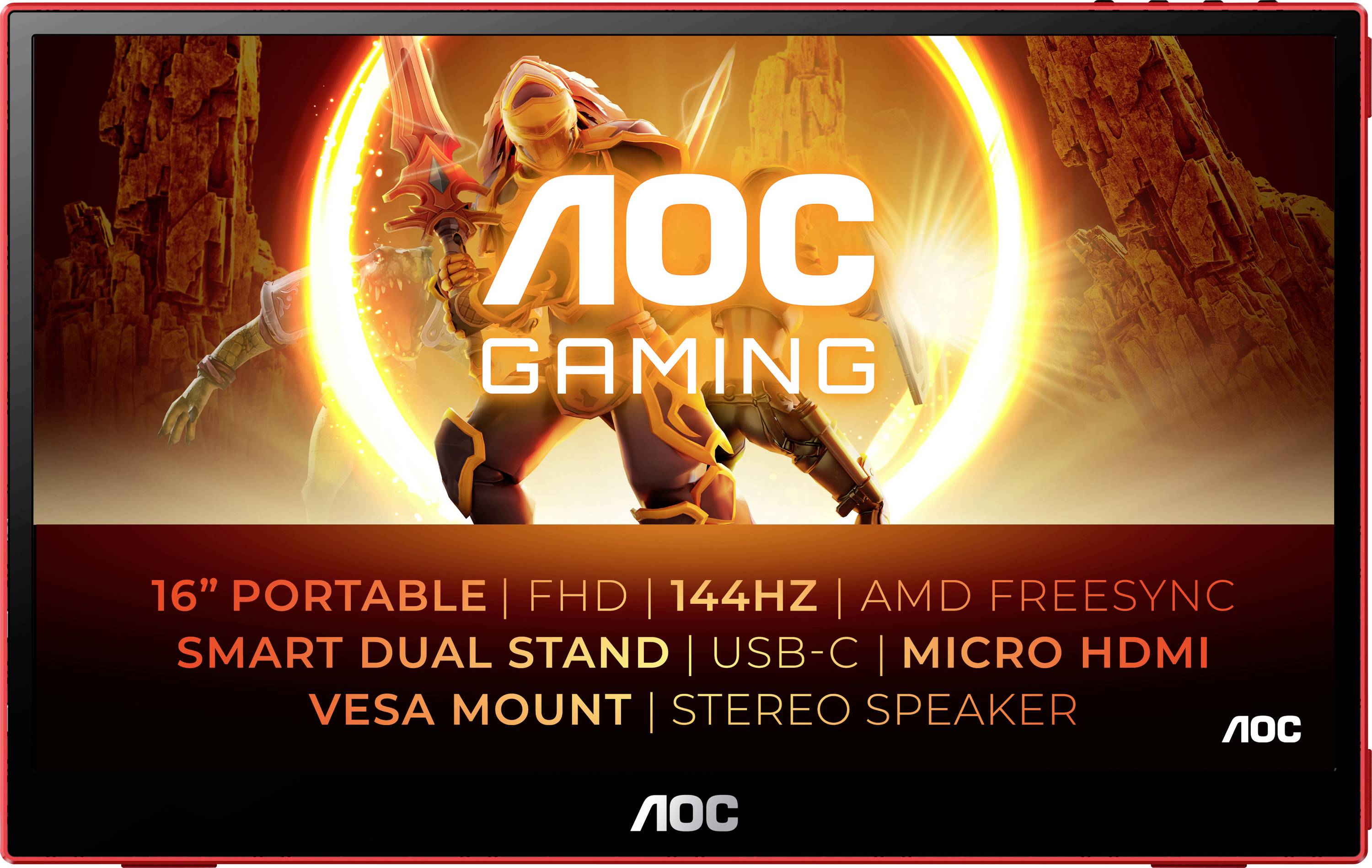 'Herní monitor AOC; přenosný, 16 palců, FHD, 144 Hz, AMD FreeSync, inteligentní duální stojan, USB-C, Micro HDMI, VESA uchycení, stereo reproduktory.'