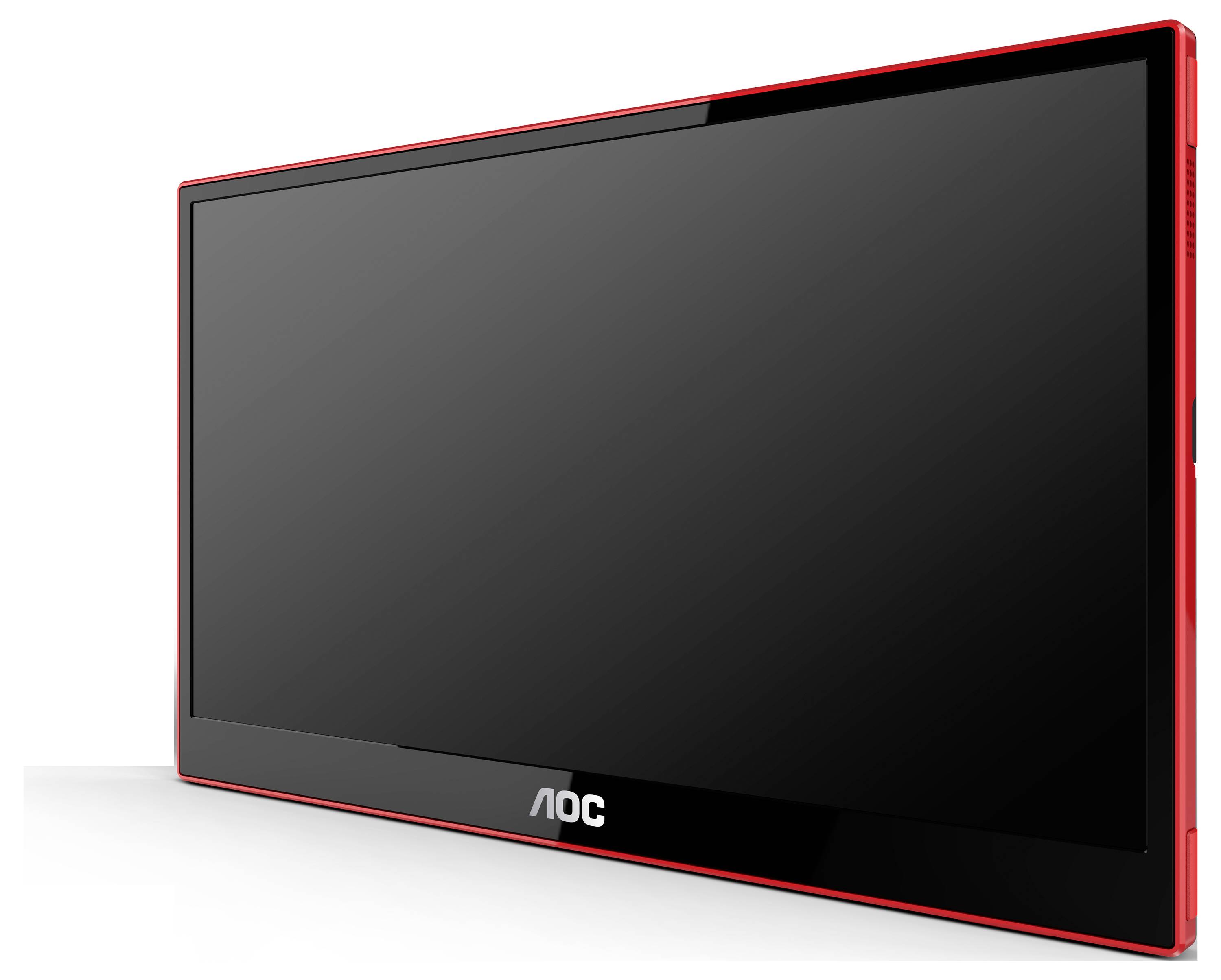 Černý plochý monitor značky AOC s červeným rámečkem. Monitor nezobrazuje žádný obsah a je vyfotografován pod úhlem.
