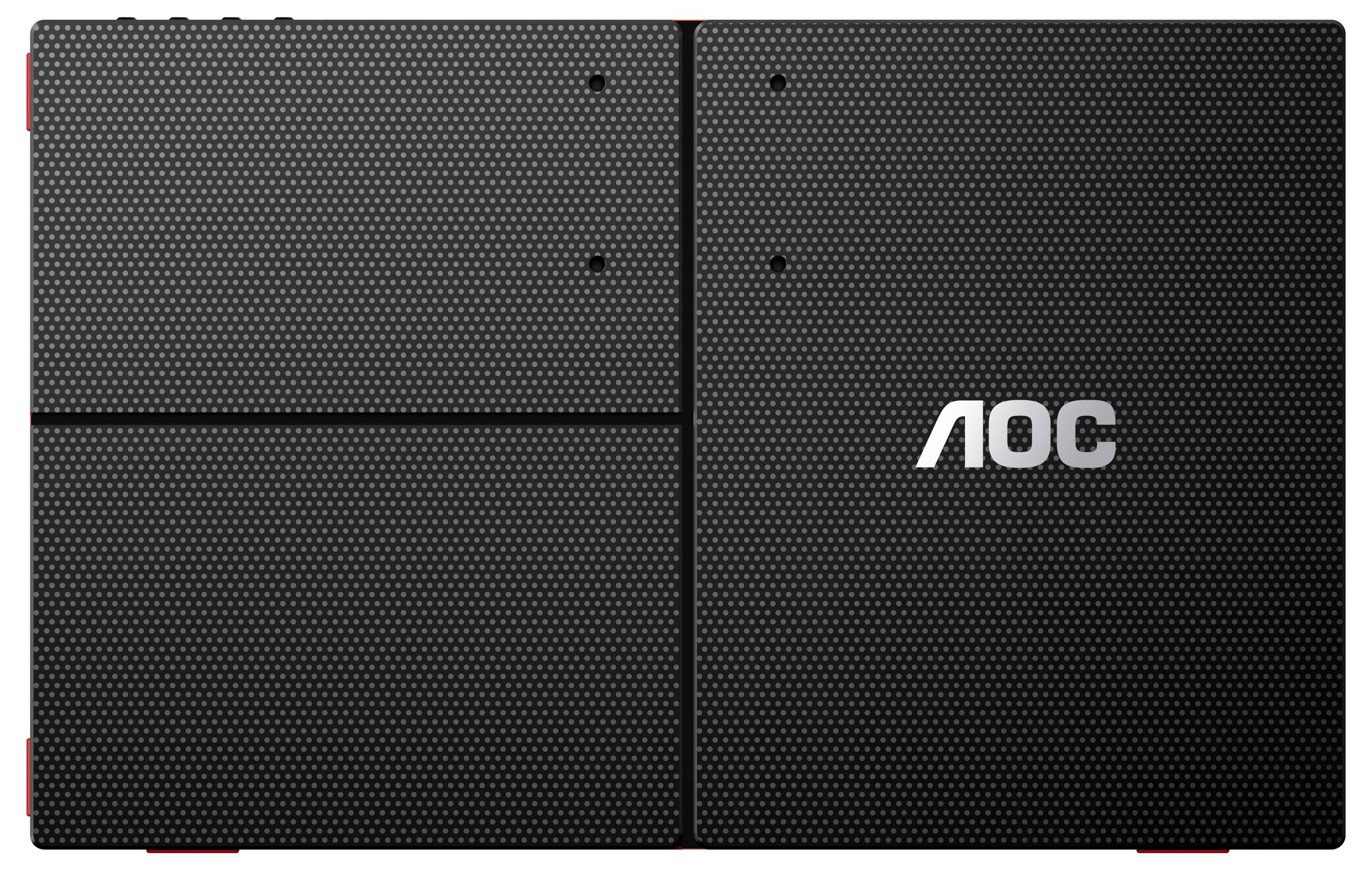 Černý přenosný monitor ve složeném stavu s viditelným logem 'AOC' na pravé straně. Texturovaný povrch.