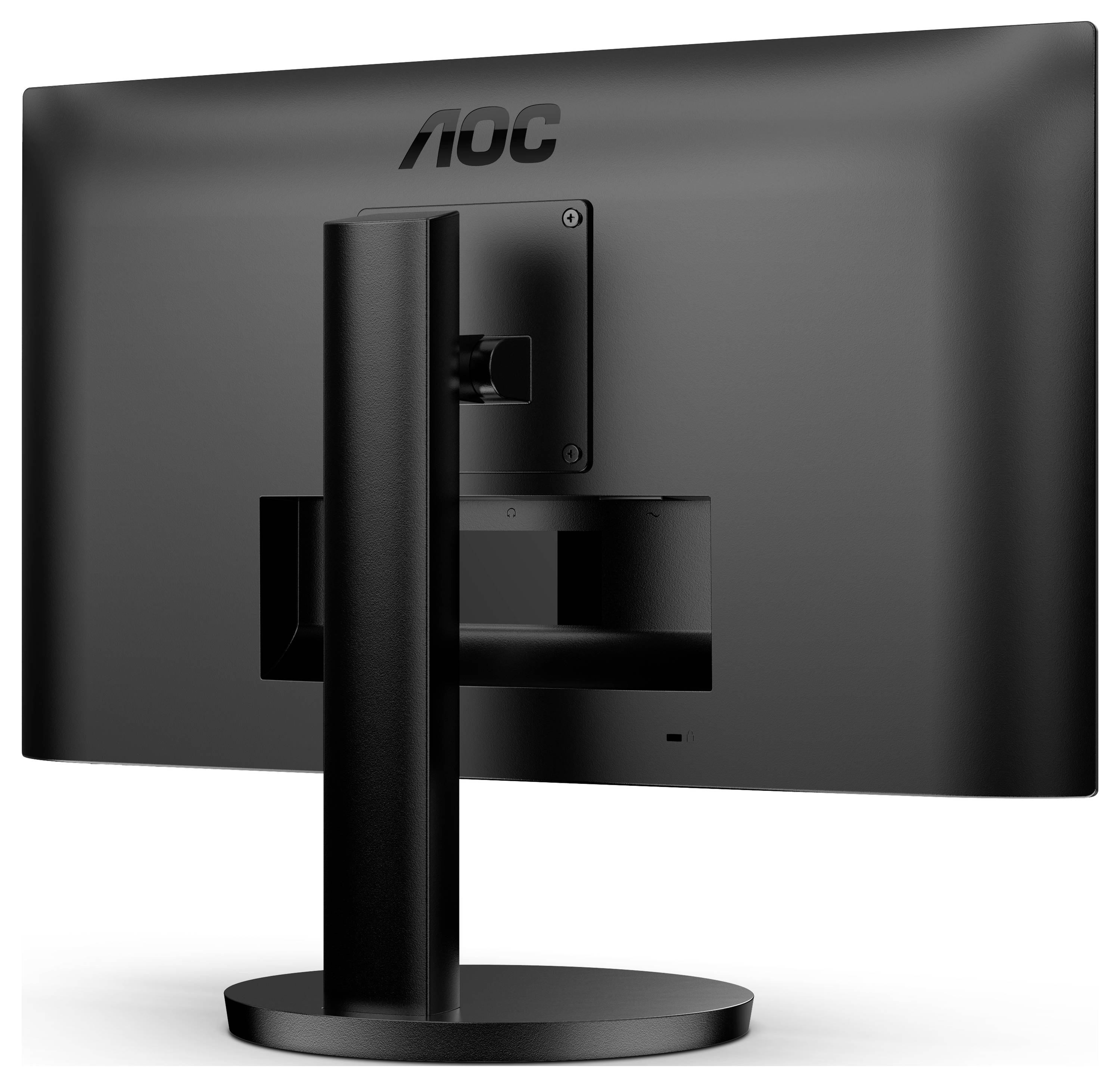 Černý počítačový monitor značky AOC pohledem zezadu. Monitor stojí na kulatém podstavci a má nastavitelný držák.
