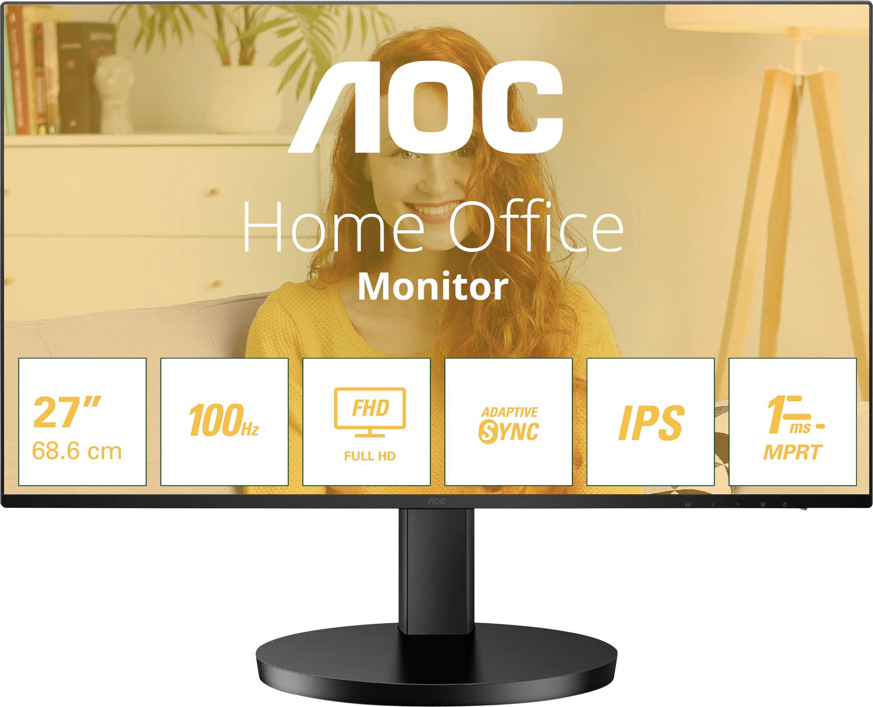 Monitor s nápisem 'AOC Home Office Monitor'. Vlastnosti: 27 palců, 100 Hz, Full HD, Adaptive Sync, IPS, 1 ms MPRT.