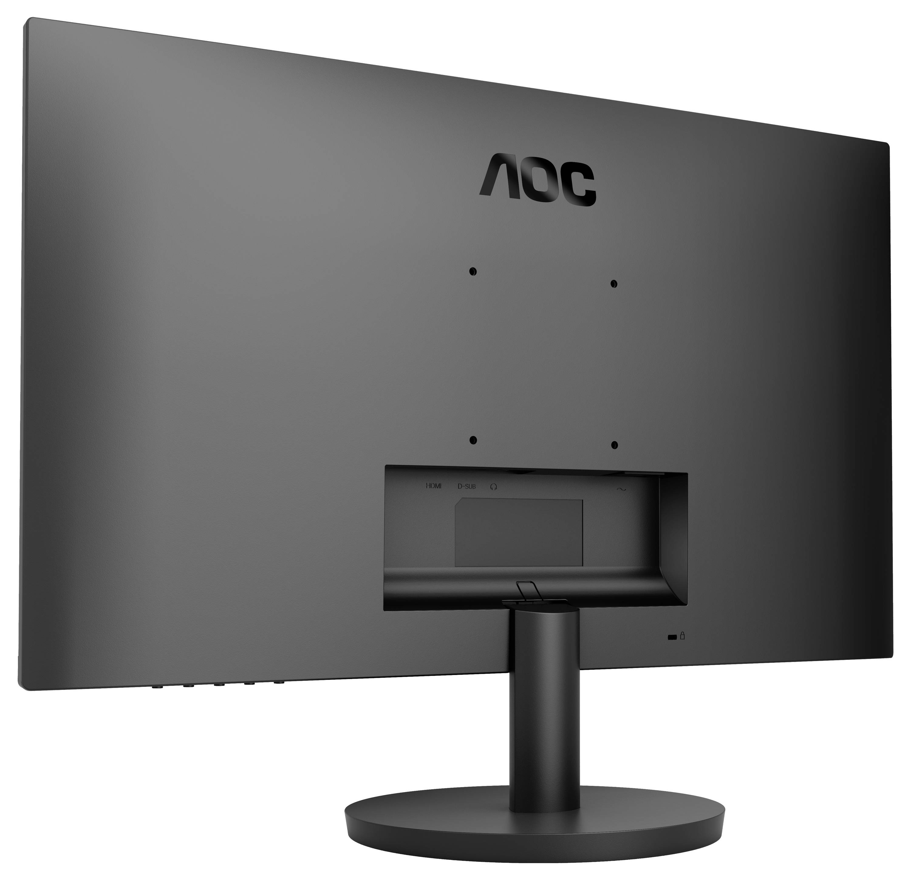 Pohled zezadu na černý monitor AOC se kulatou podstavou.
