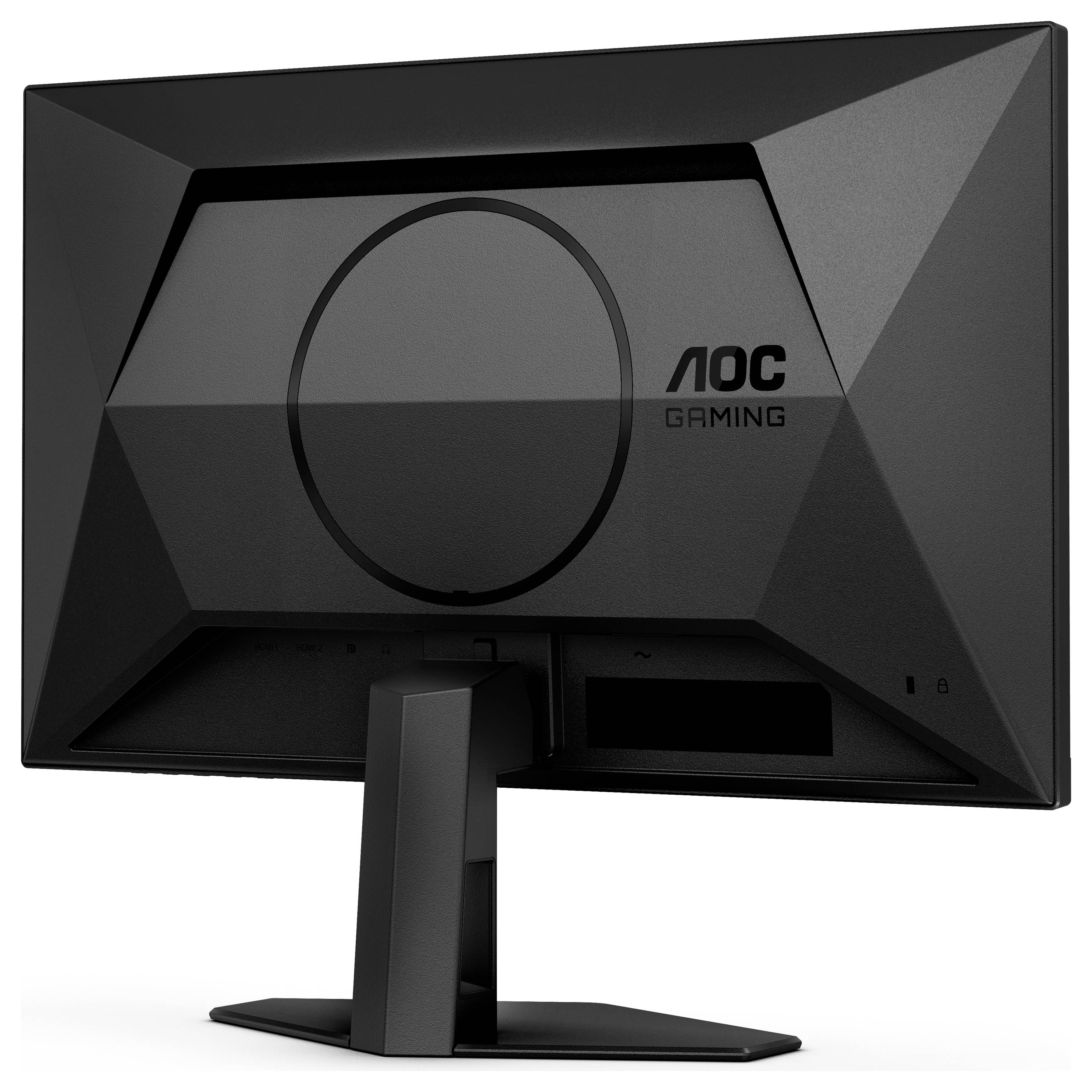Černý herní monitor AOC je vidět zezadu. Má geometrický design s kruhovým detailem uprostřed.