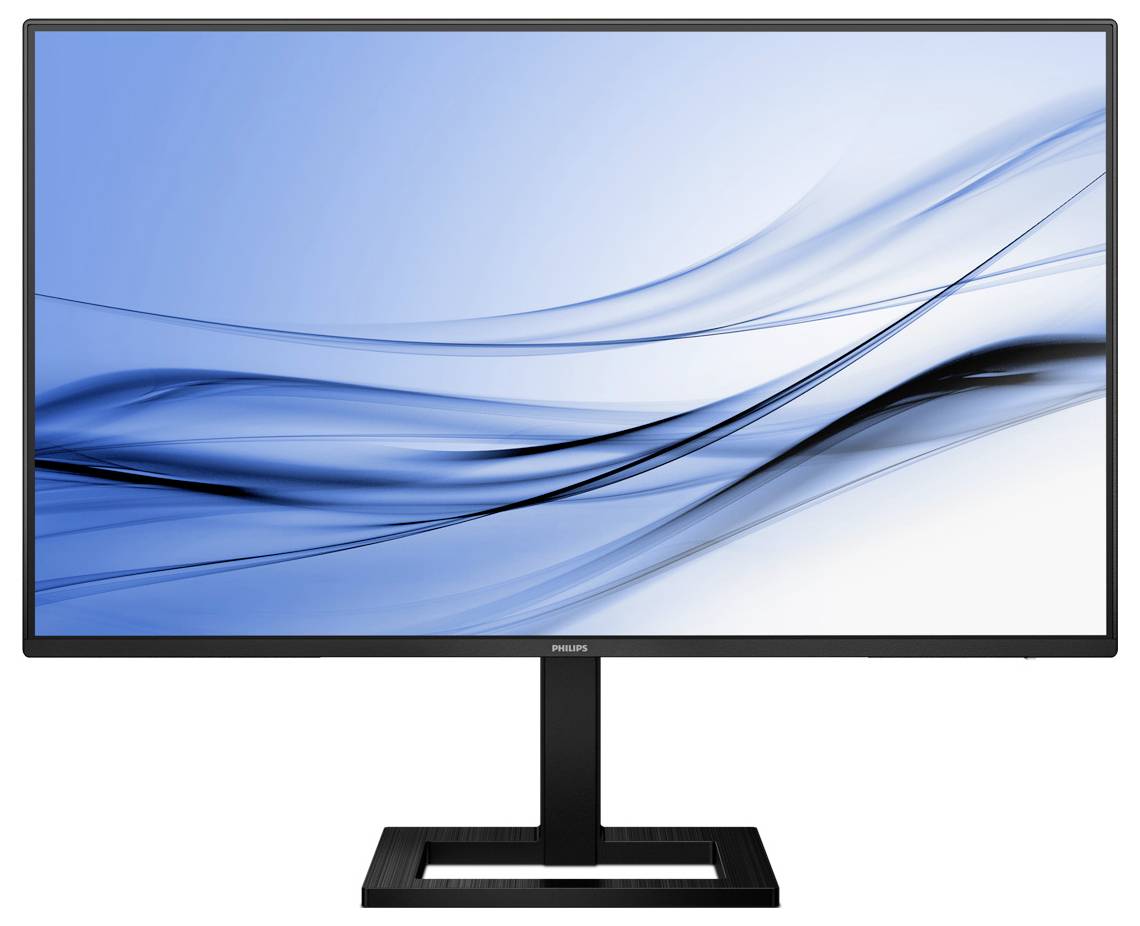 Černý počítačový monitor s modrým abstraktním pozadím; moderní, štíhlý design.
