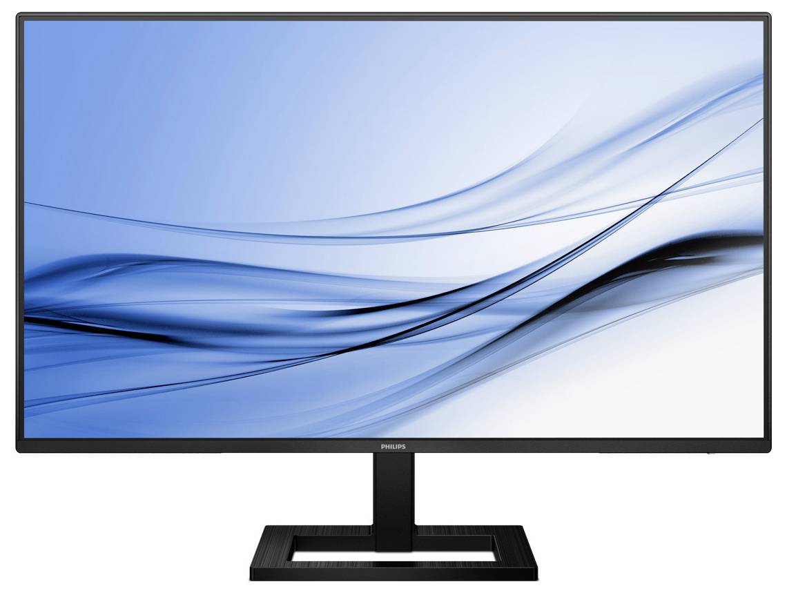 Monitor společnosti Philips s abstraktním modrým a bílým pozadím na obrazovce.
