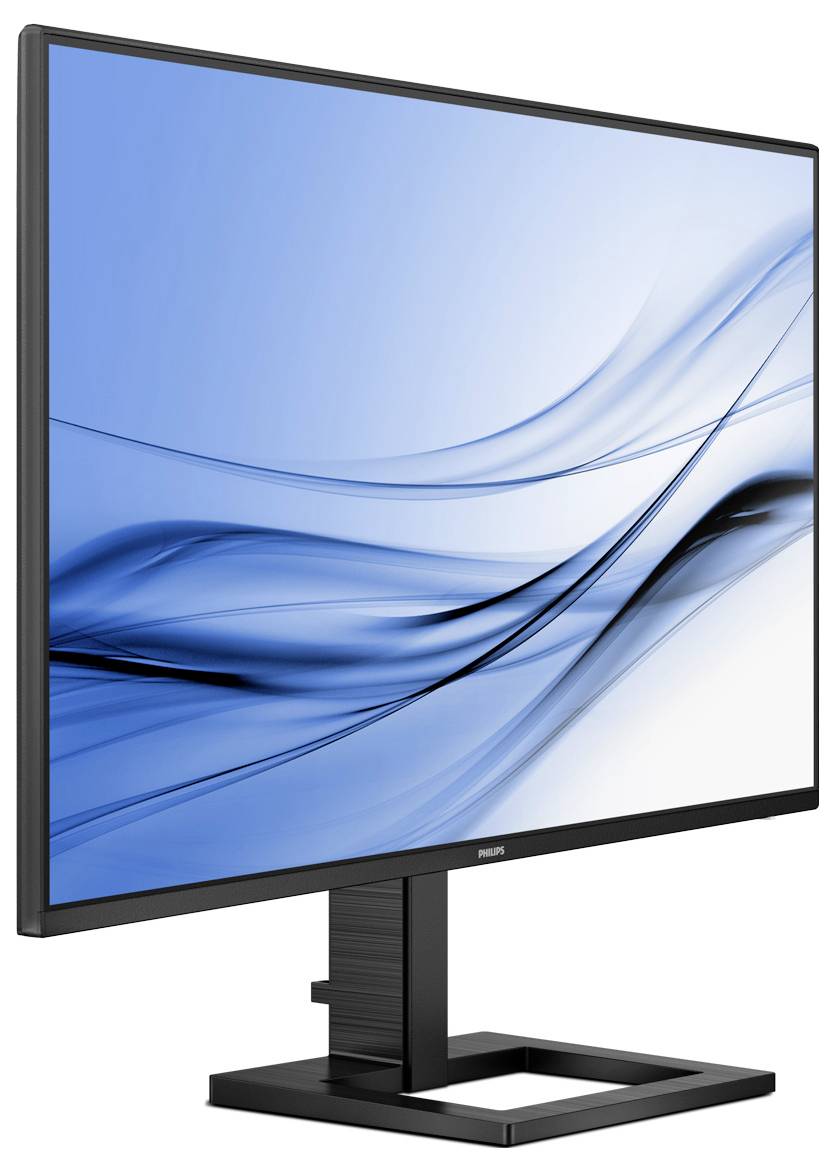 Počítačový monitor s úzkým rámečkem zobrazuje abstraktní modro-bílý vlnitý vzor na obrazovce.