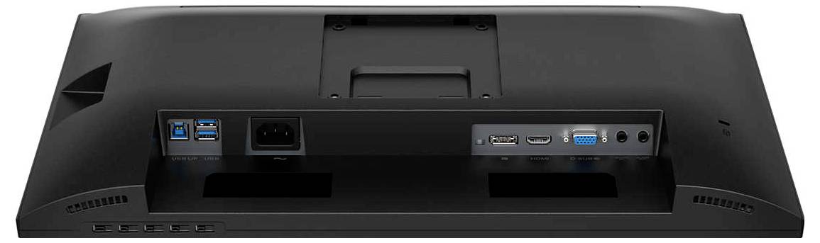 Zadní strana počítačového monitoru s několika porty: HDMI, VGA, USB, napájecí konektor. Vhodné pro různé typy připojení.