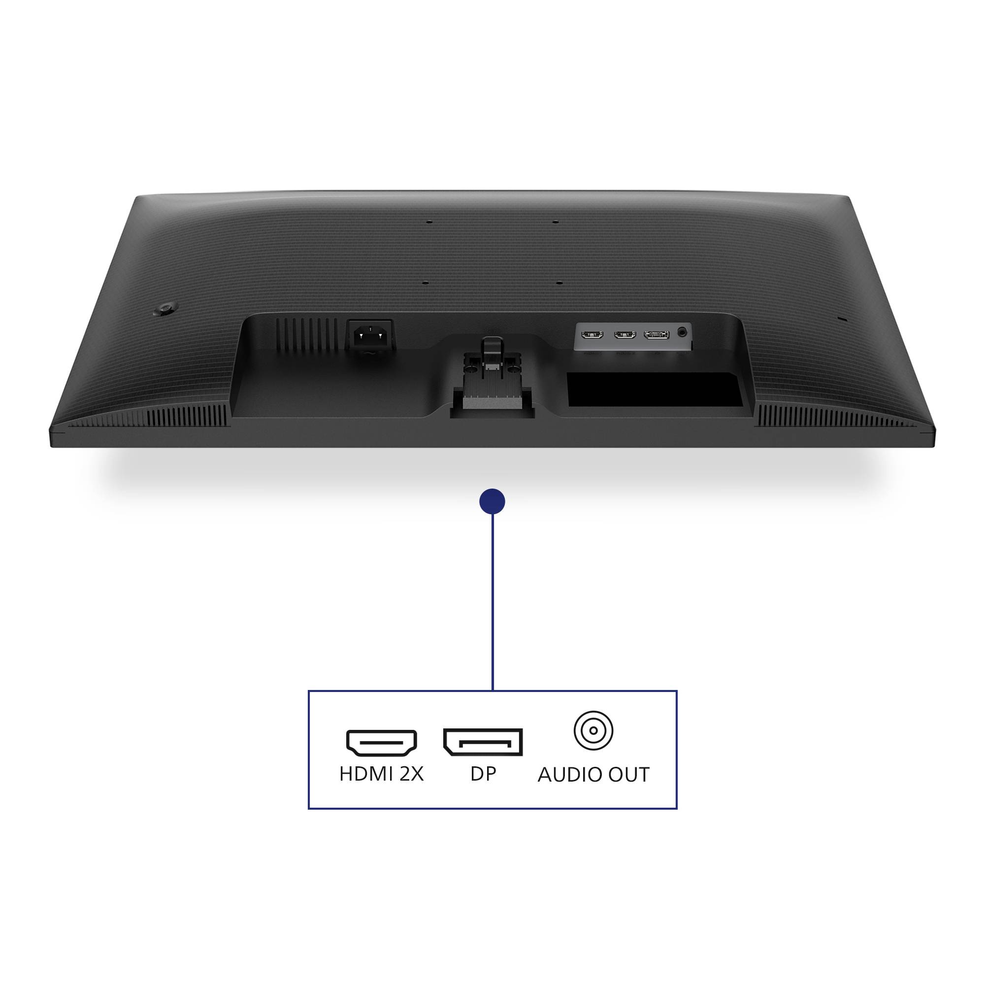 Zadní strana monitoru s přípojkami: 2x HDMI, 1x DisplayPort, 1x audio výstup. Pod nimi jsou označení pro každý konektor.