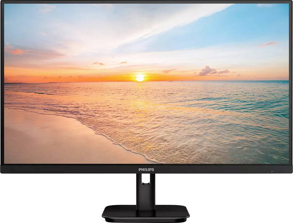 Monitor zobrazující obraz západu slunce nad klidným mořem a pláží. Obloha je pestře zbarvená.