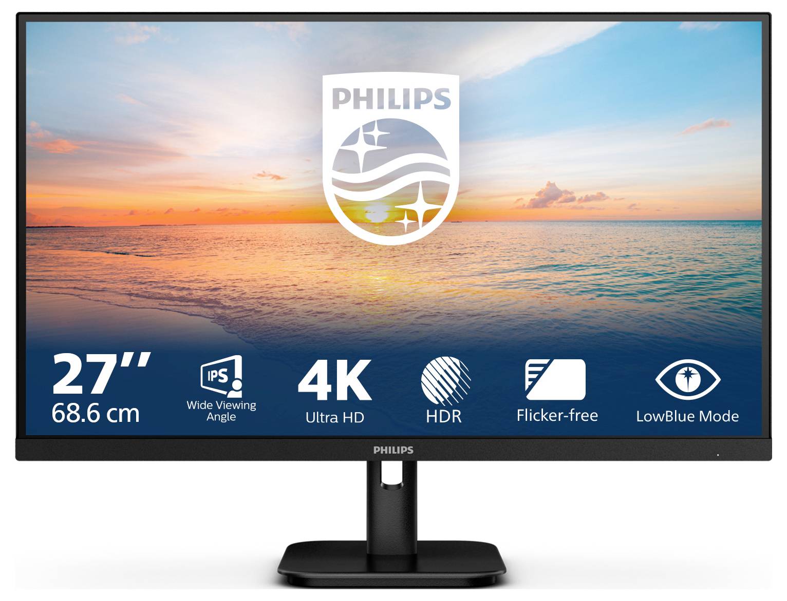 27palcový 4K monitor od Philips zobrazuje obraz západu slunce nad mořem. Symboly zdůrazňují Ultra HD, HDR, stabilitu zorného úhlu a beze záblesků.