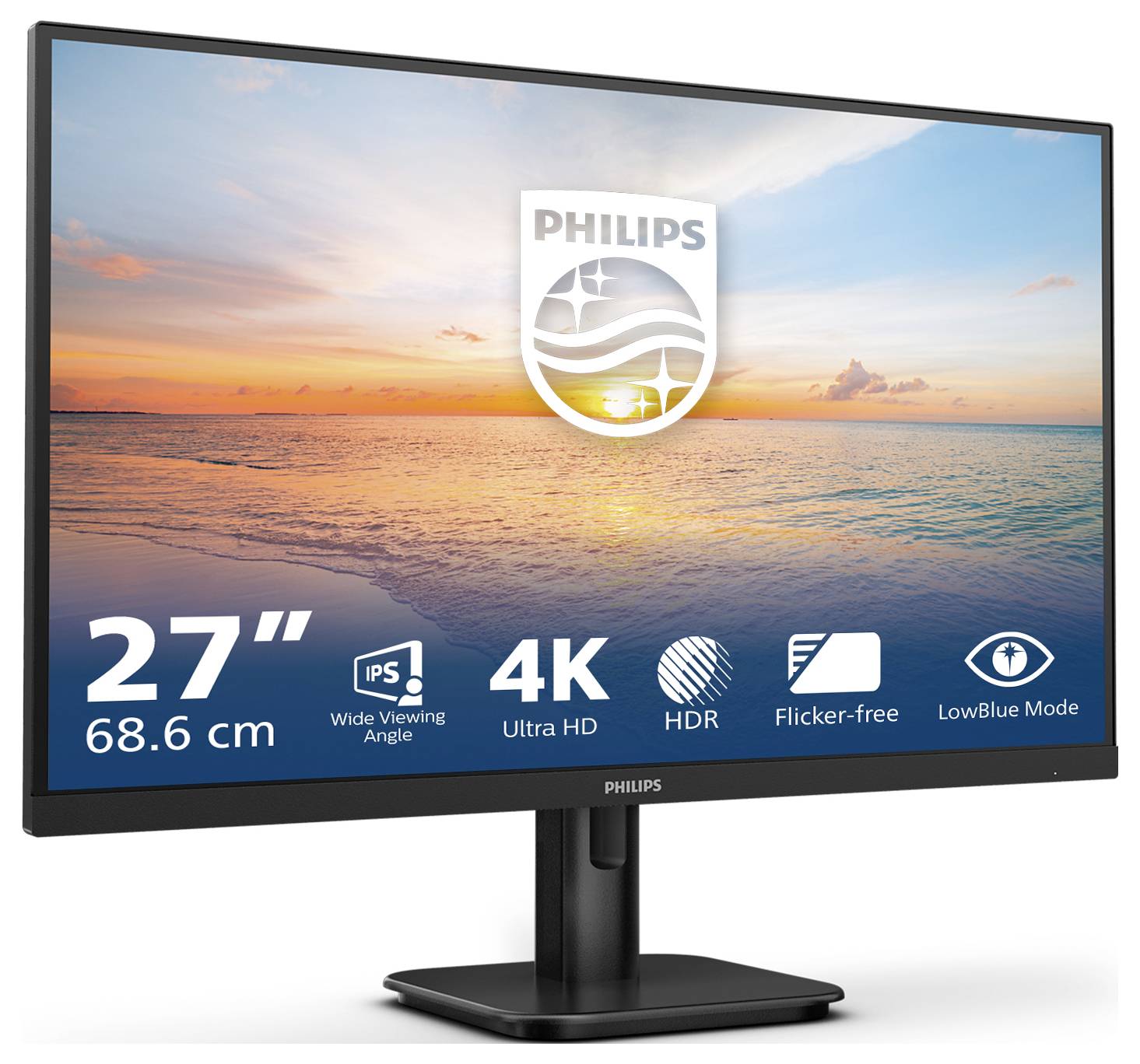 27palcový monitor Philips zobrazuje barevný obraz moře při západu slunce. Pod obrázkem jsou symboly 4K, IPS, HDR, bez blikání.