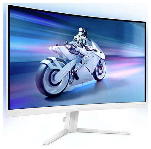 Zakřivený monitor zobrazující obrázek futuristického motocyklu s jezdcem v pohybu, před rozmazaným modrým pozadím.