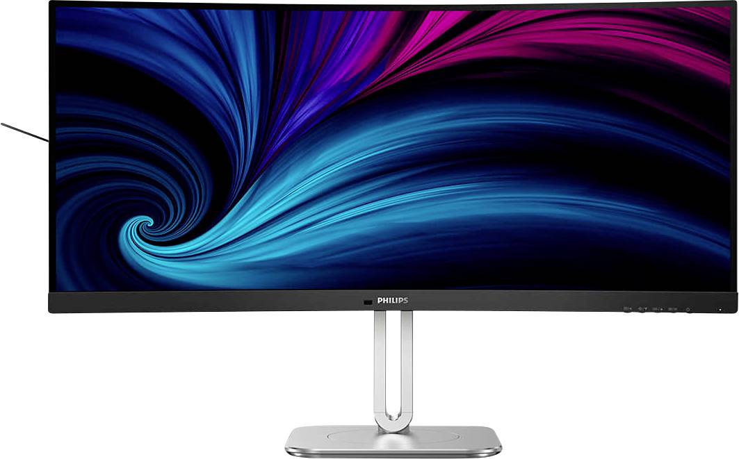 Ultraširoký monitor od Philips s zakřiveným, vysoce rozlišným displejem, který zobrazuje dynamické modré a růžové barevné vlny.