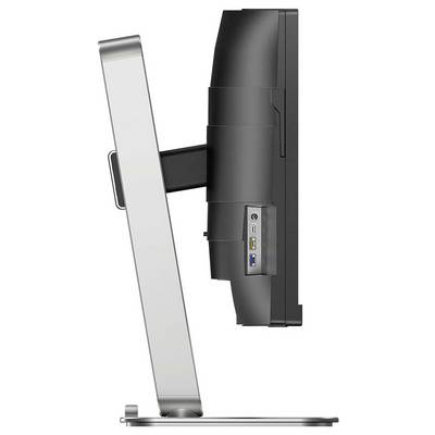Boční pohled na počítačový monitor na stojanu se viditelnými USB porty.