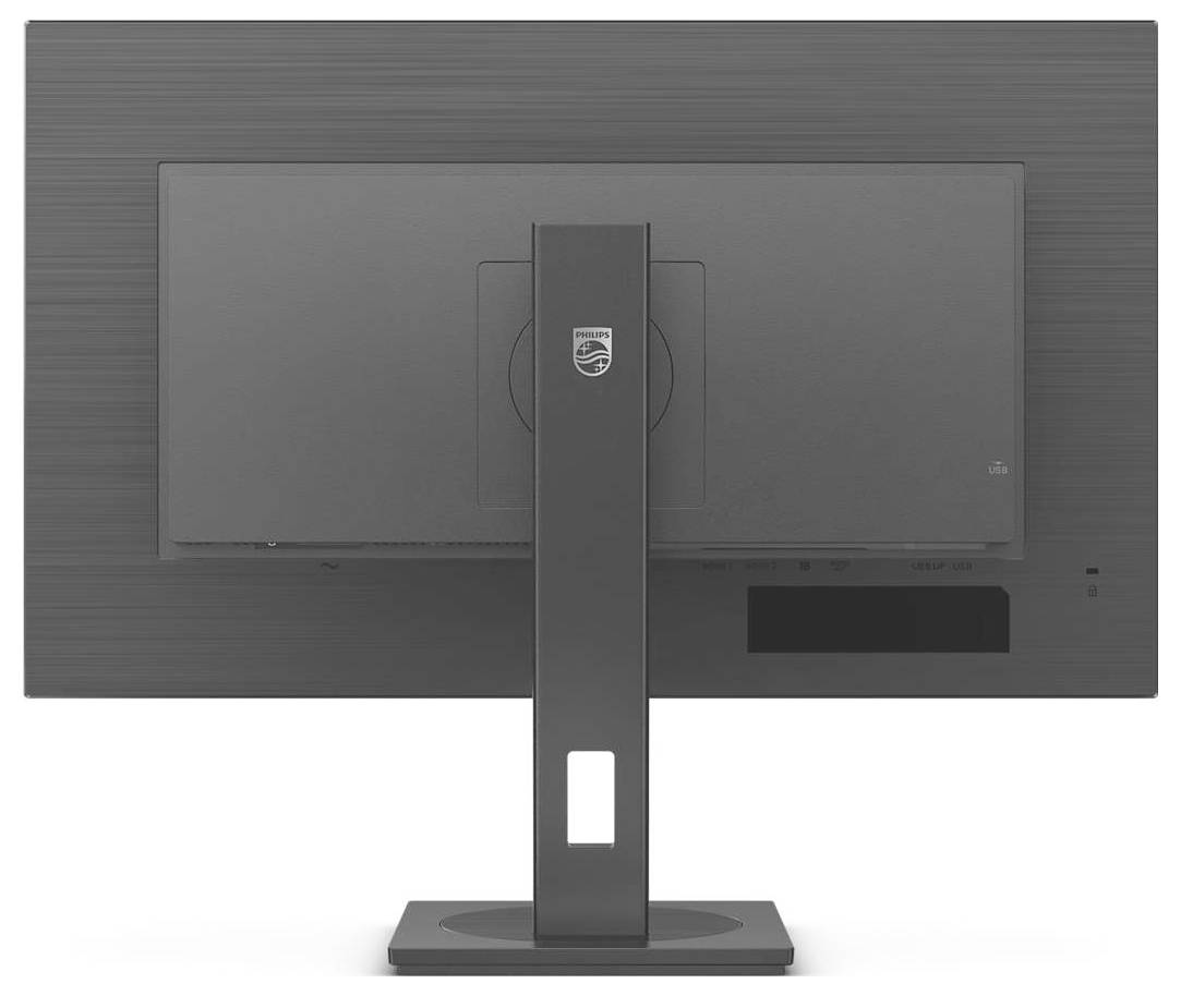 Počítačová obrazovka pohledem zezadu. Monitor stojí na obdélníkovém podstavci. Logo značky je viditelné na podstavci.
