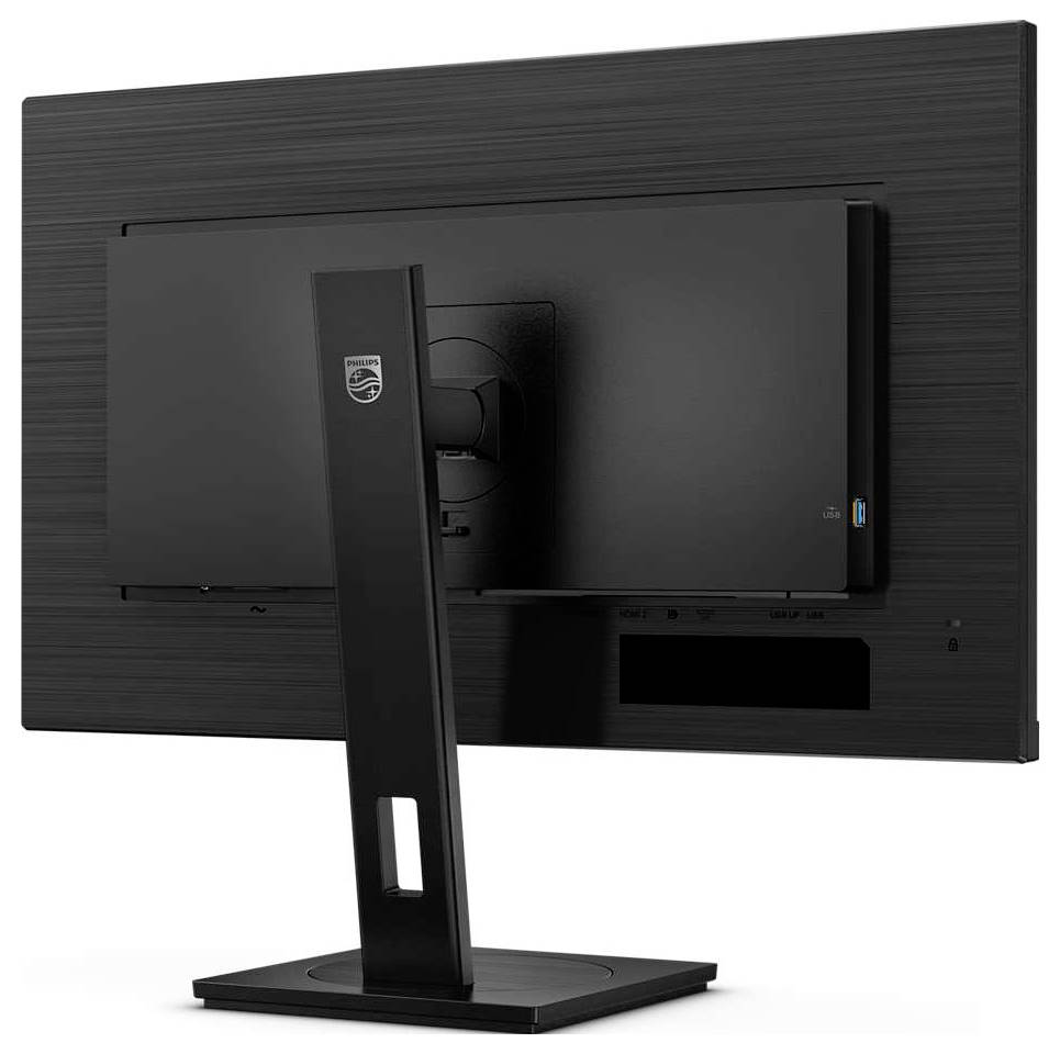 Zadní pohled na černý monitor s minimalistickým designem a stabilní podstavou, vhodný pro kancelářské prostředí.