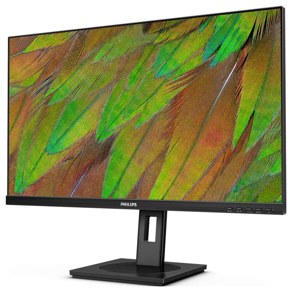 Monitor značky Philips zobrazuje barevný vzor ze zelených a oranžových per.